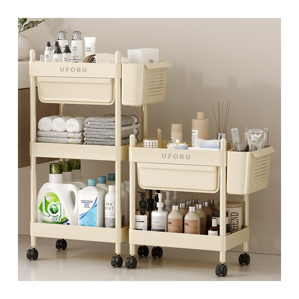 Uforu Bücherregal als beweglicher Aufbewahrungswagen mit Schublade in Beige, minimalistisches Lagerregal aus Kunststoff - Bild 1