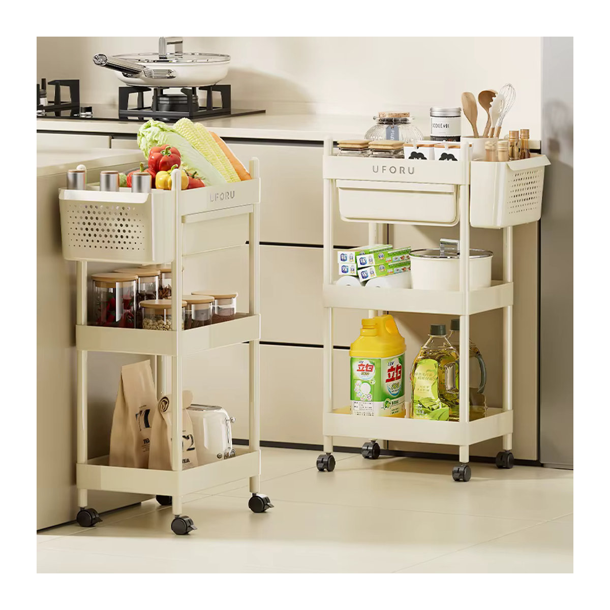 Uforu Bücherregal als beweglicher Aufbewahrungswagen mit Schublade in Beige, minimalistisches Lagerregal aus Kunststoff - Bild 2