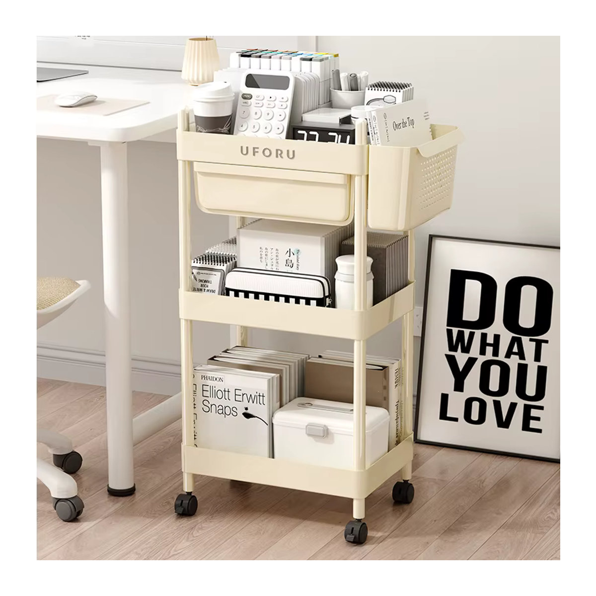 Uforu Bücherregal als beweglicher Aufbewahrungswagen mit Schublade in Beige, minimalistisches Lagerregal aus Kunststoff - Bild 3