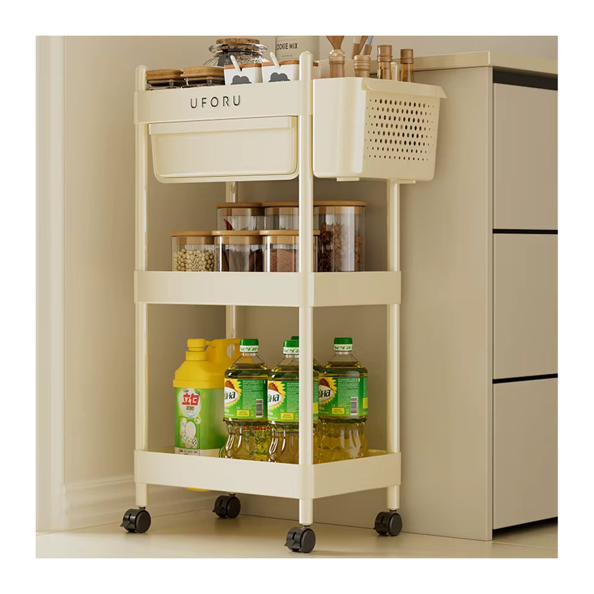 Uforu Bücherregal als beweglicher Aufbewahrungswagen mit Schublade in Beige, minimalistisches Lagerregal aus Kunststoff - Bild 4