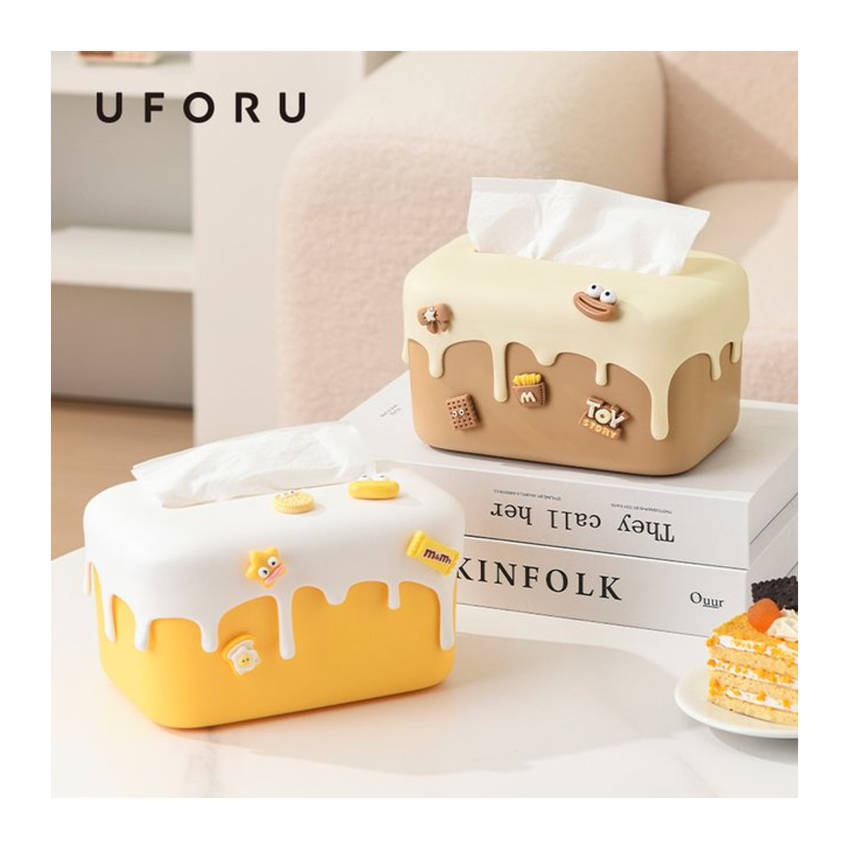 UFORU Luxus Taschentuchbox aus Kunststoff in Creme und Gelb, Rechteckige Papierbox für Wohnzimmer und Tischaufbewahrung - Bild 1
