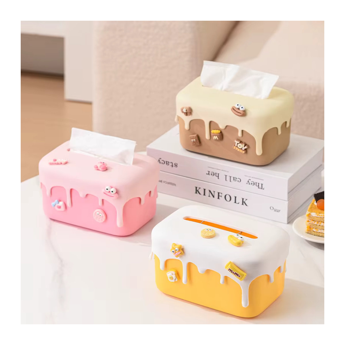 UFORU Luxus Taschentuchbox aus Kunststoff in Creme und Gelb, Rechteckige Papierbox für Wohnzimmer und Tischaufbewahrung - Bild 3