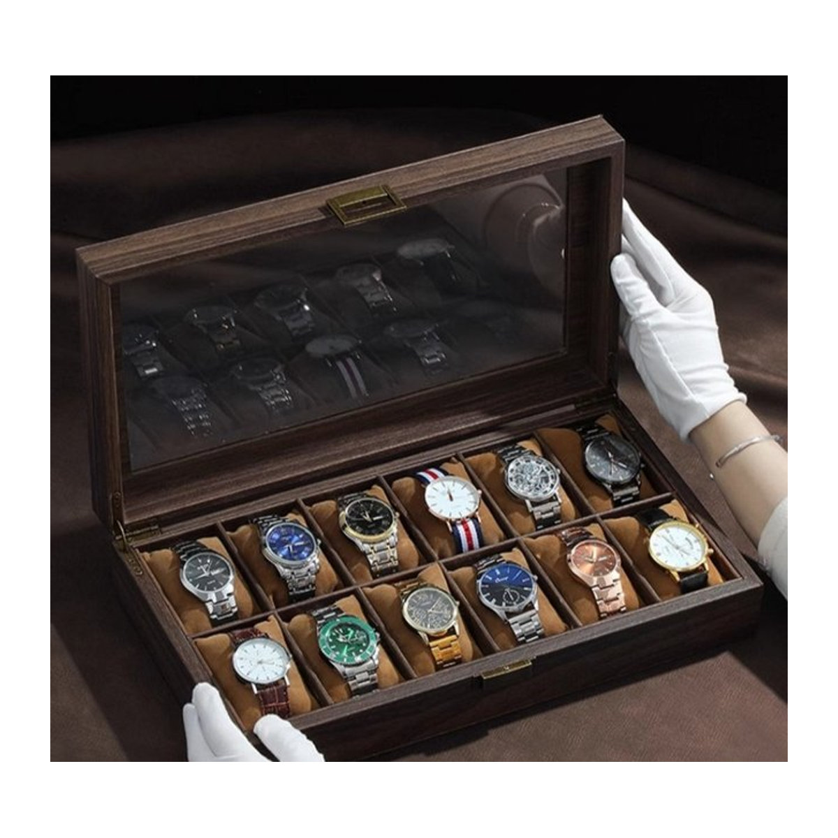 Uhrenbox mit 12 Fächern und Glasdeckel in Braun aus Holz und Textil - Bild 1
