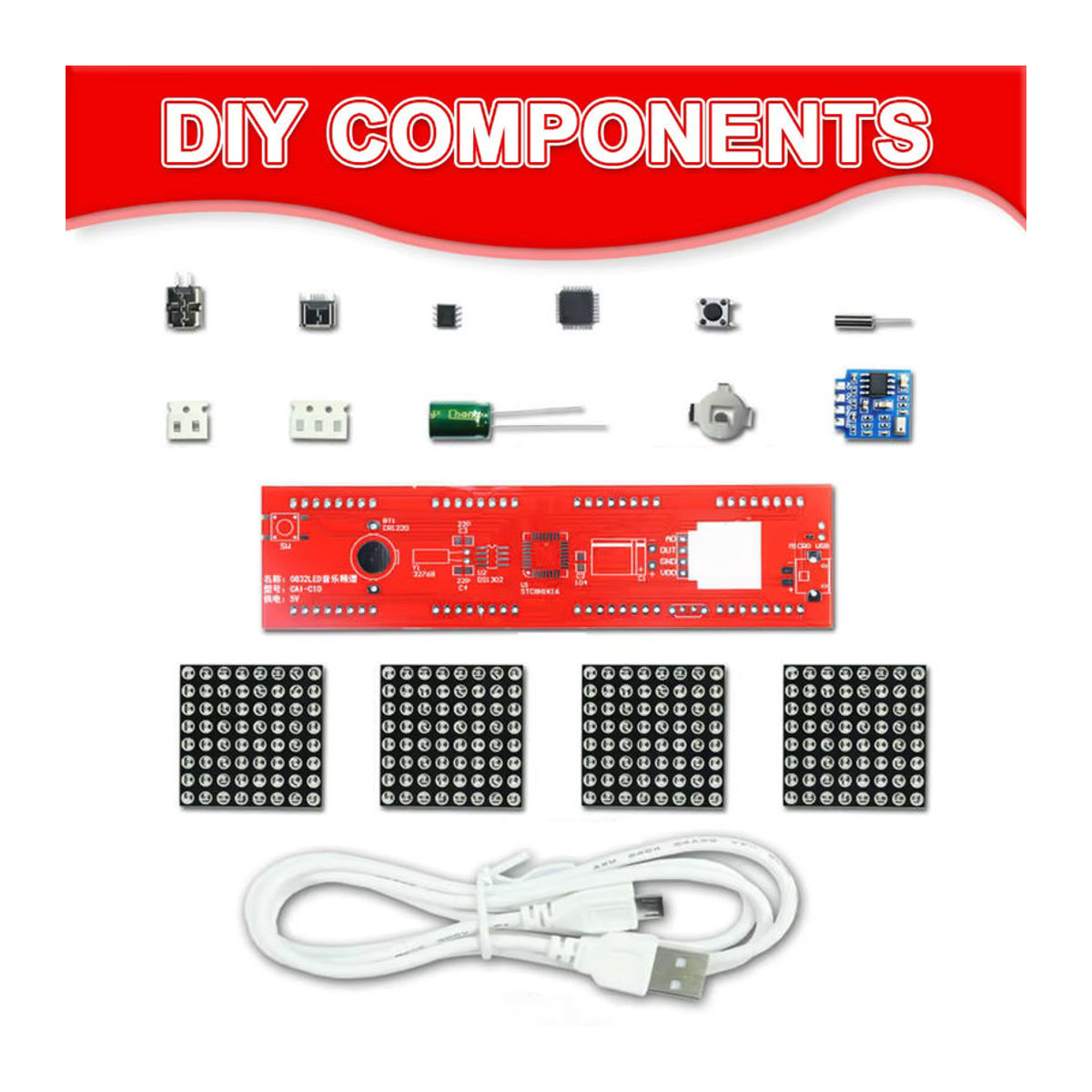 UICPAL DIY LED Musik Spektrum DS1302 Dot Matrix Uhr Elektronisches Lötkit mit Rhythmus Licht in Rot und USB Power - Bild 5