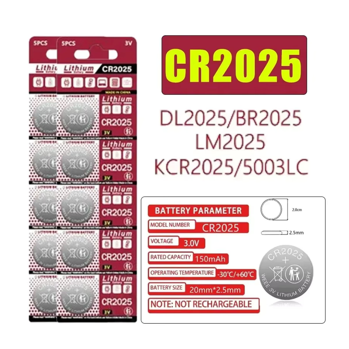 UKGF CR2025 Lithium-Knopfzellen Batterien 3V 150mAh in Silber für Uhren und Fernbedienungen - Bild 2