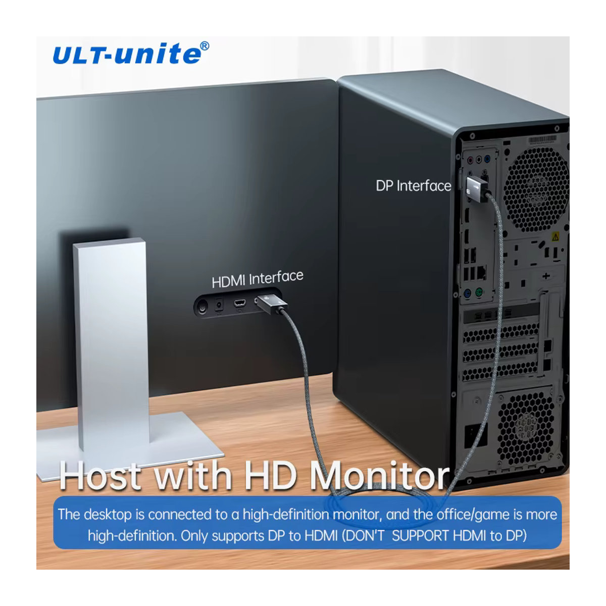 ULT-unite DisplayPort auf HDMI Kabel in Schwarz, 8K 60Hz und 4K 144Hz kompatibel, unterstützt Dynamisches HDR und eARC für HDTV, PC und Monitor - Bild 2