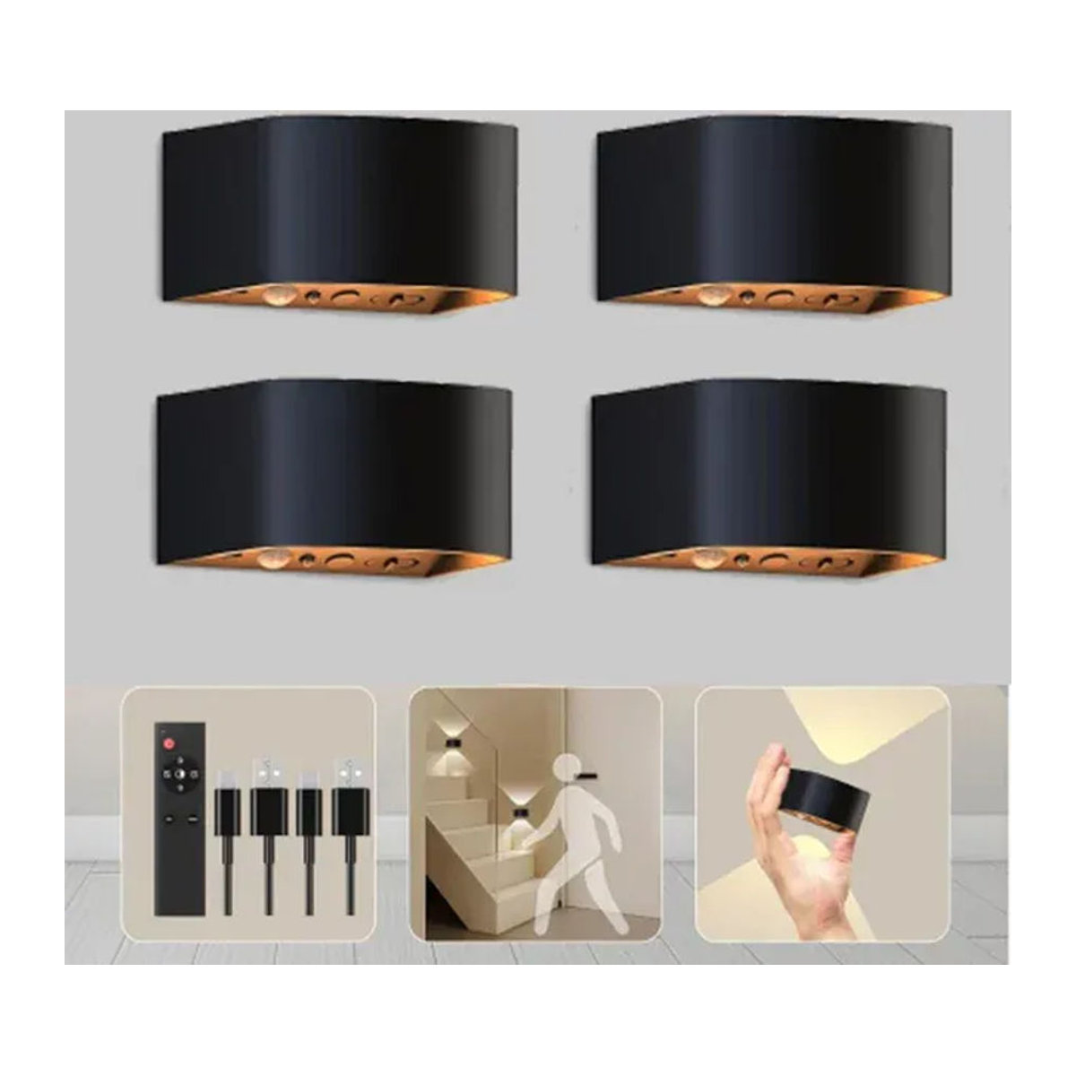 UMEXUS Moderne LED Wandleuchte mit Bewegungssensor, Schwarz, 3 Farben, kabellos und dimmbar - Bild 1