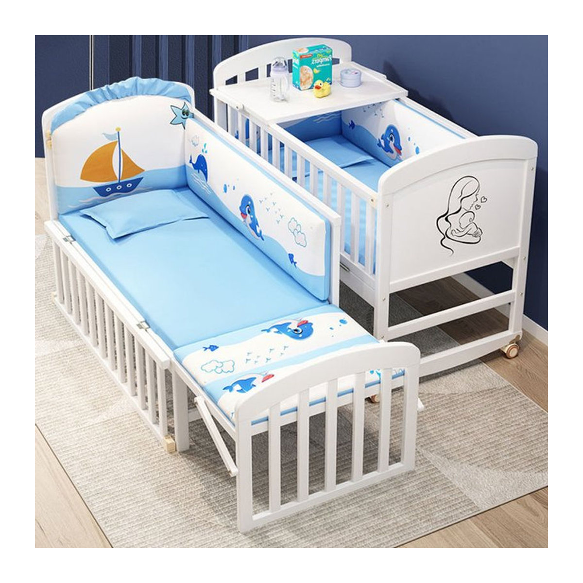 Umwandelbares Babybett aus Holz in Weiß mit Moskitonetz, Windeltisch und Bettwäsche-Set - Bild 1