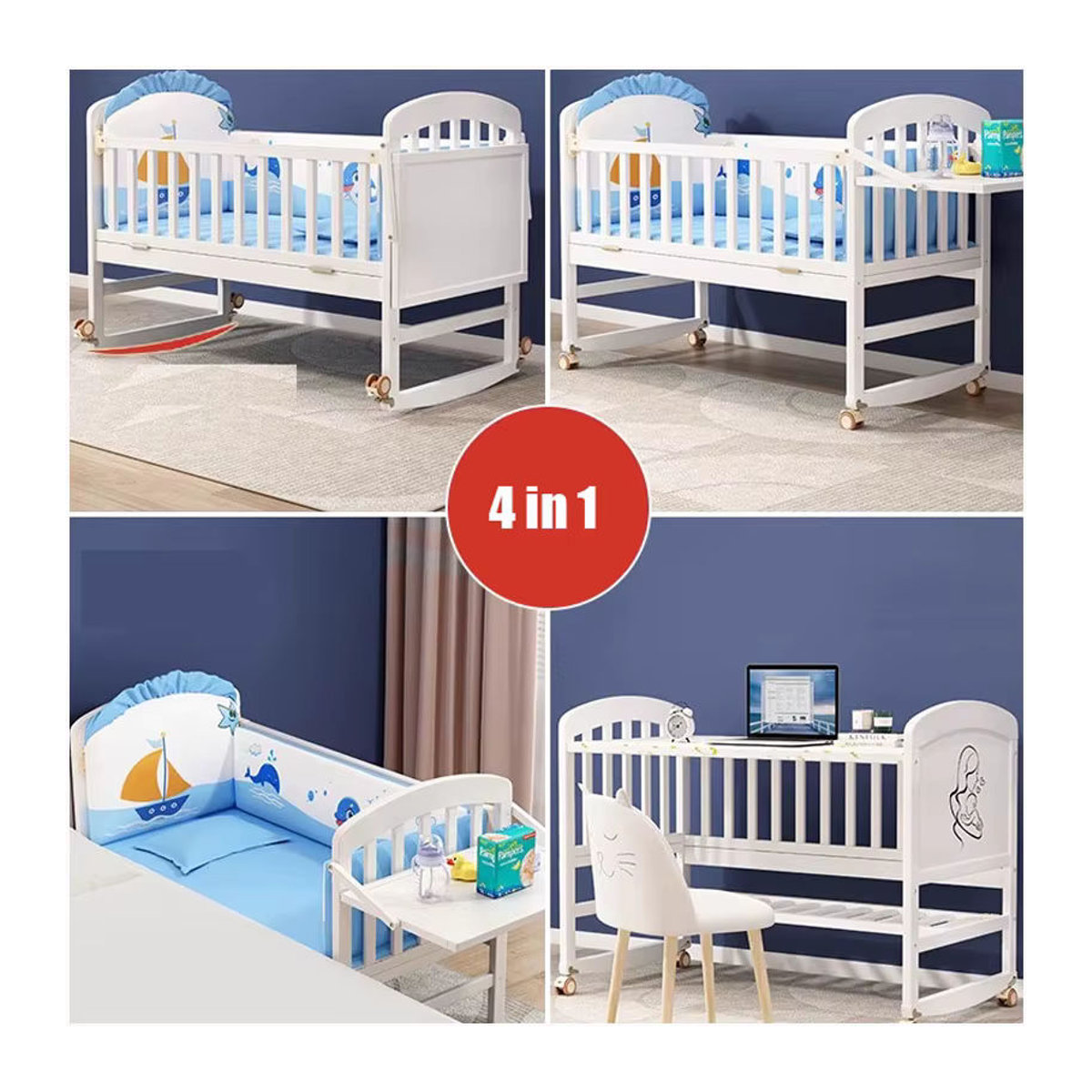 Umwandelbares Babybett aus Holz in Weiß mit Moskitonetz, Windeltisch und Bettwäsche-Set - Bild 2