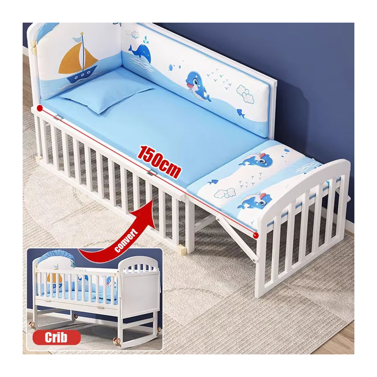Umwandelbares Babybett aus Holz in Weiß mit Moskitonetz, Windeltisch und Bettwäsche-Set - Bild 3