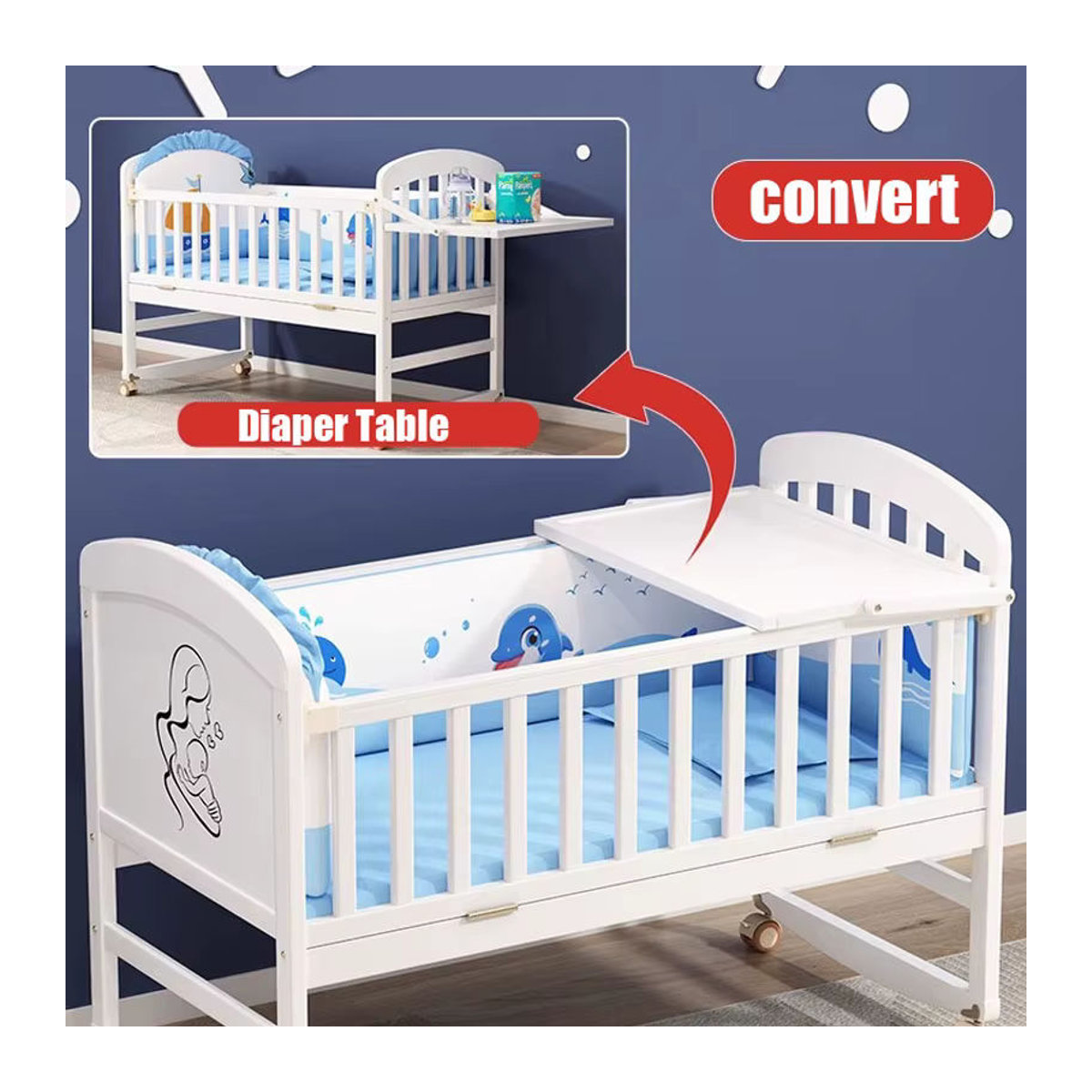 Umwandelbares Babybett aus Holz in Weiß mit Moskitonetz, Windeltisch und Bettwäsche-Set - Bild 4