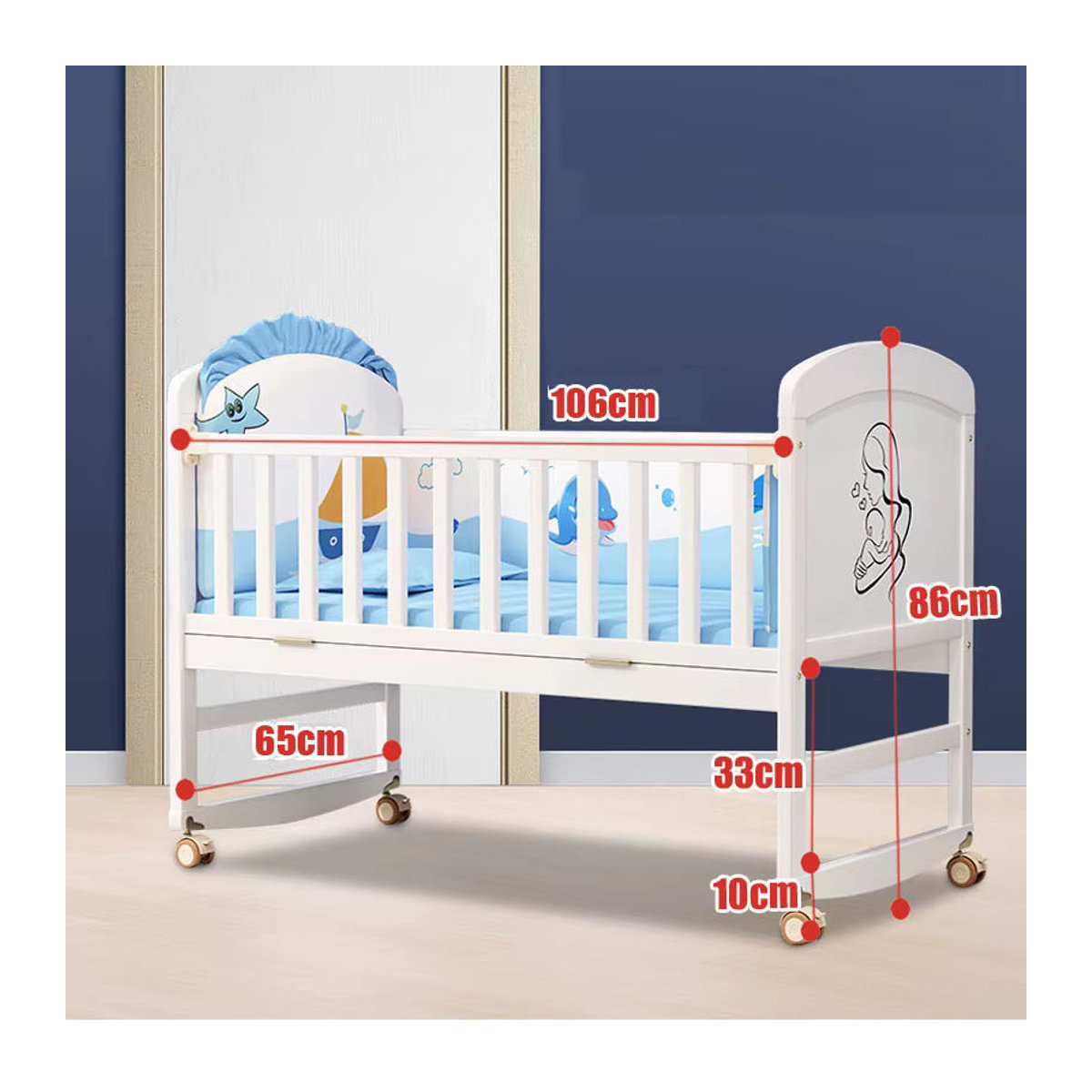 Umwandelbares Babybett aus Holz in Weiß mit Moskitonetz, Windeltisch und Bettwäsche-Set - Bild 5