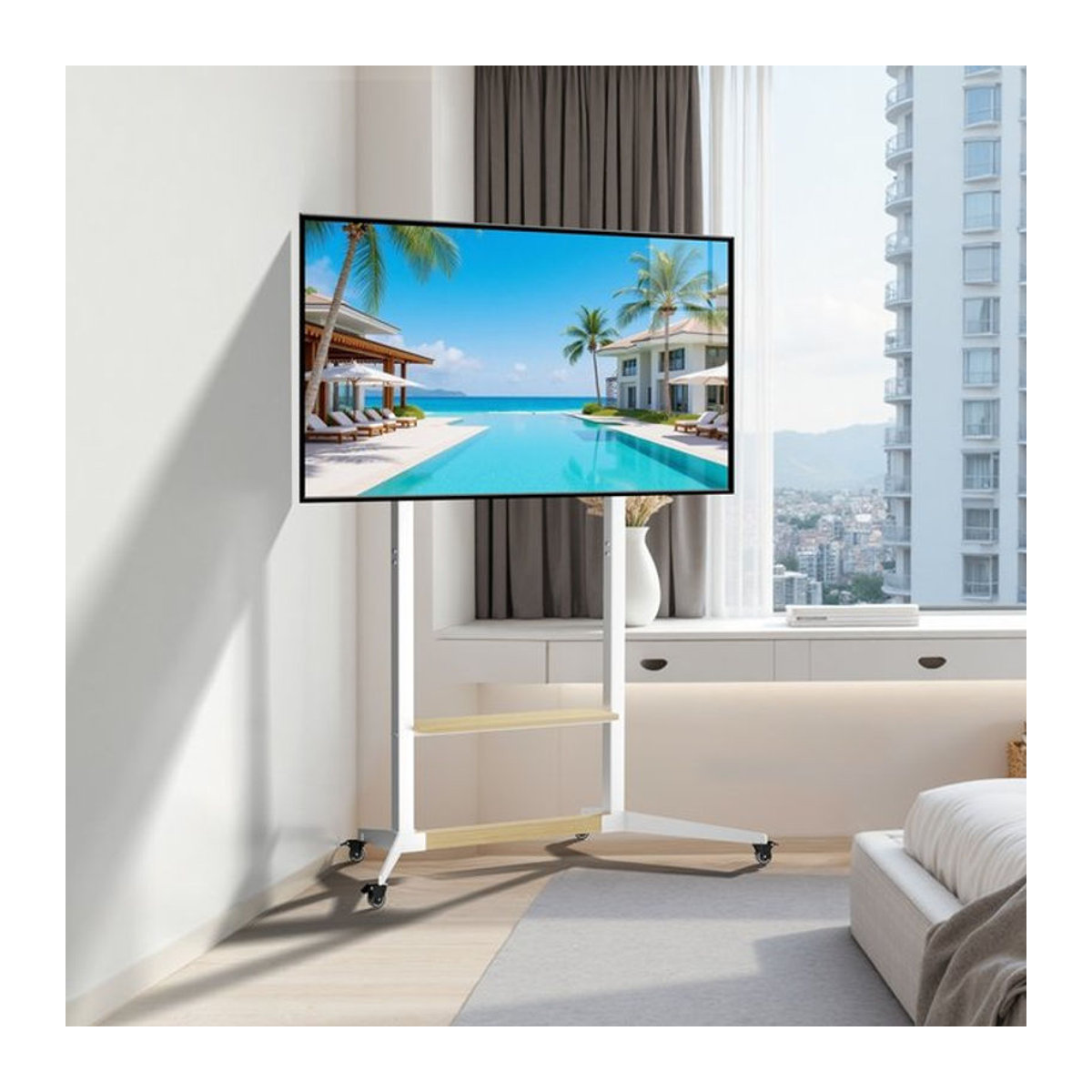 Unho Mobiler Eck-TV-Ständer in Weiß mit Rollen für 40–100 Zoll, höhenverstellbare minimalistische TV-Halterung mit maximaler Belastbarkeit von 100 kg - Bild 1