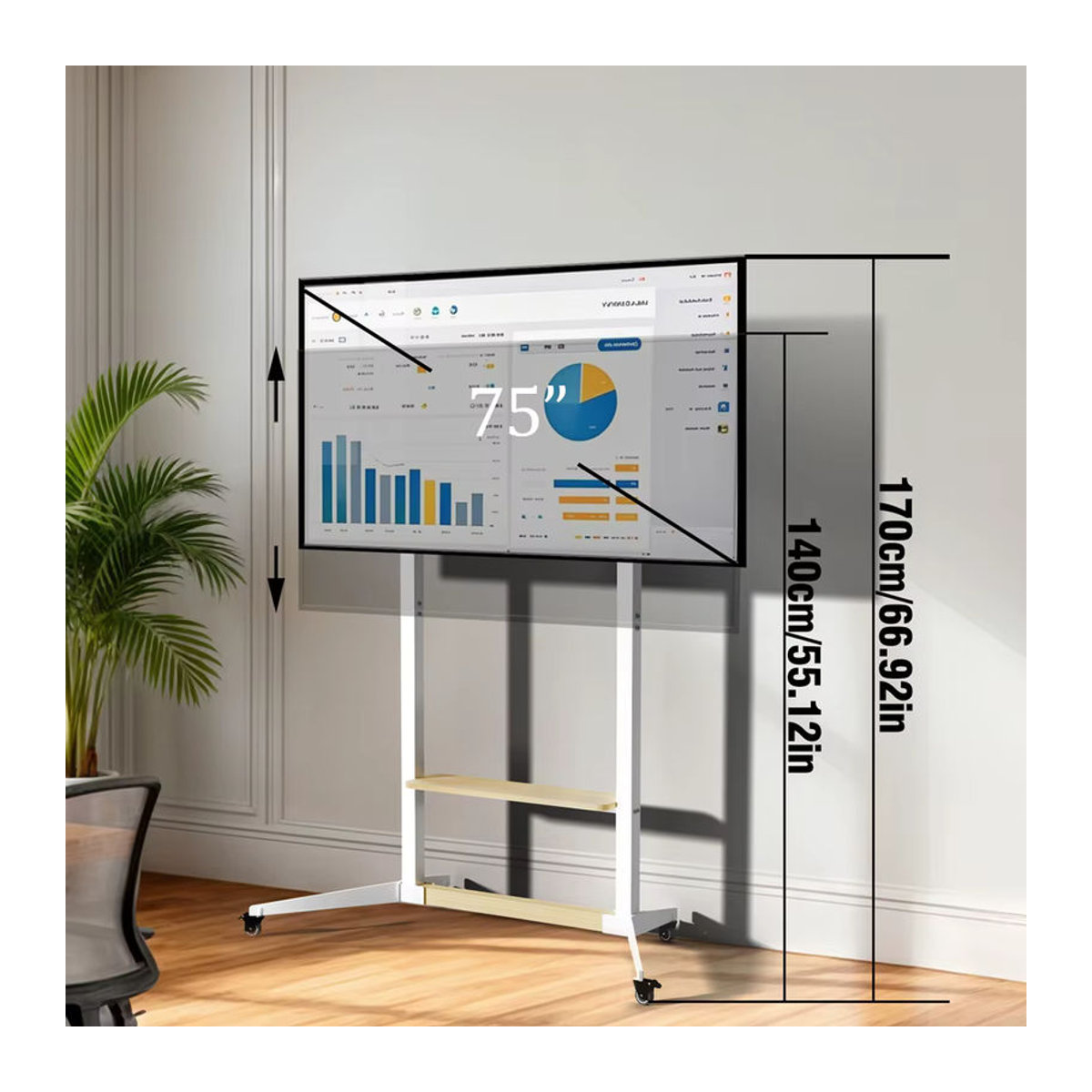 Unho Mobiler Eck-TV-Ständer in Weiß mit Rollen für 40–100 Zoll, höhenverstellbare minimalistische TV-Halterung mit maximaler Belastbarkeit von 100 kg - Bild 3