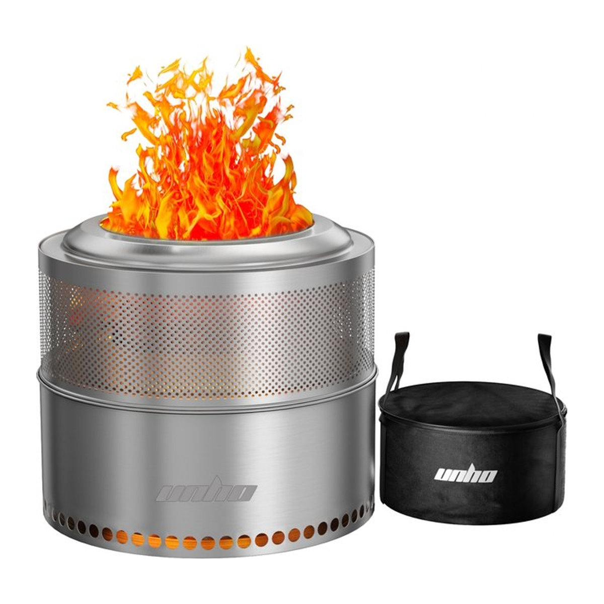 UNHO Rauchfreie Feuerstelle aus Edelstahl 304 für den Außenbereich, tragbarer 19-Zoll Campingkocher mit perforiertem Kamin in Silber - Bild 1