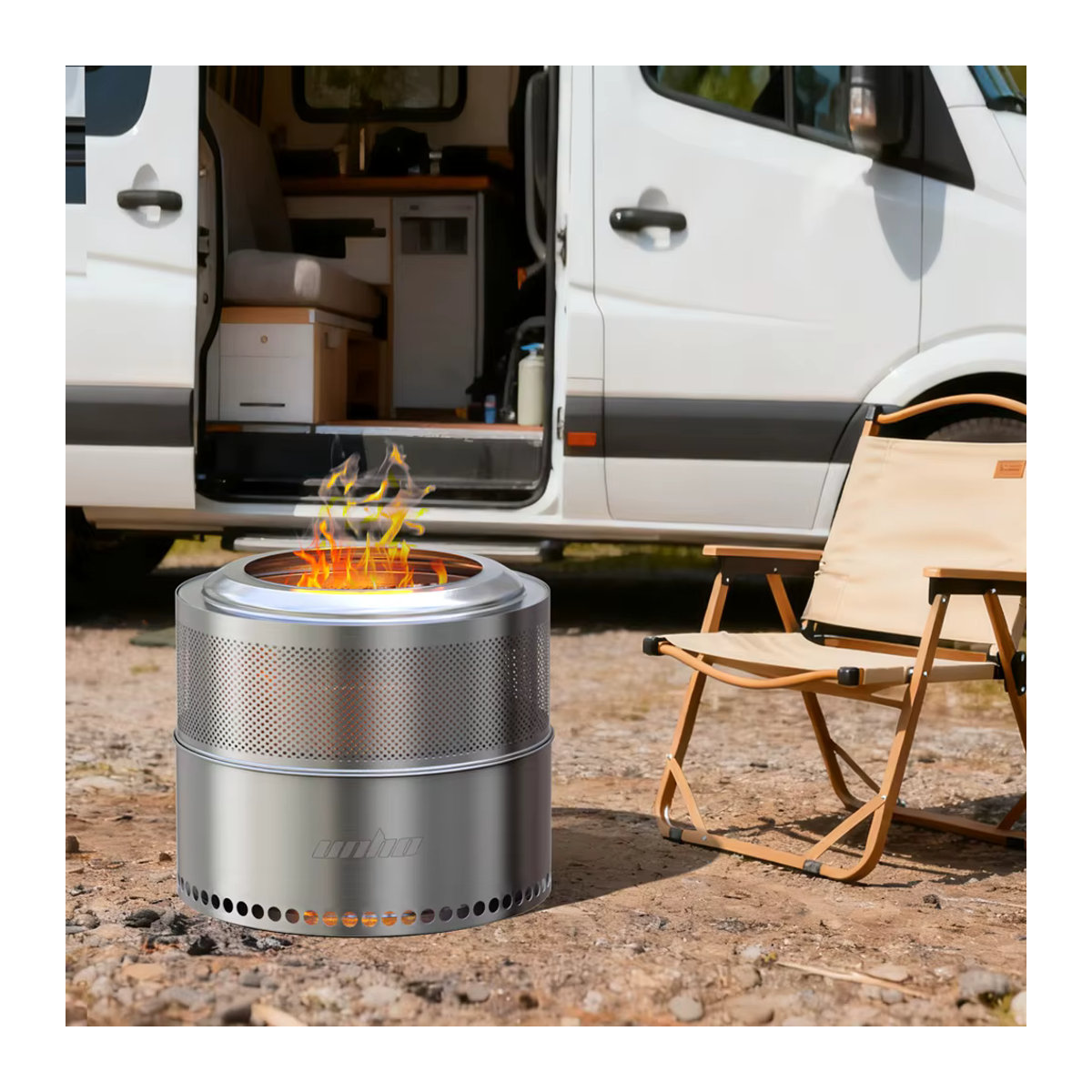 UNHO Rauchfreie Feuerstelle aus Edelstahl 304 für den Außenbereich, tragbarer 19-Zoll Campingkocher mit perforiertem Kamin in Silber - Bild 3