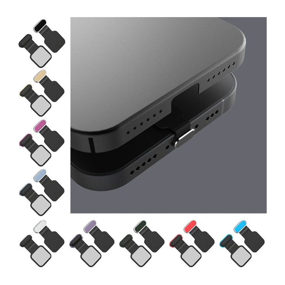 Universal Anti-Staub-Stecker aus Silikon und Metall für dein Telefon in Silber oder Bunt im minimalistischen Design - Bild 1