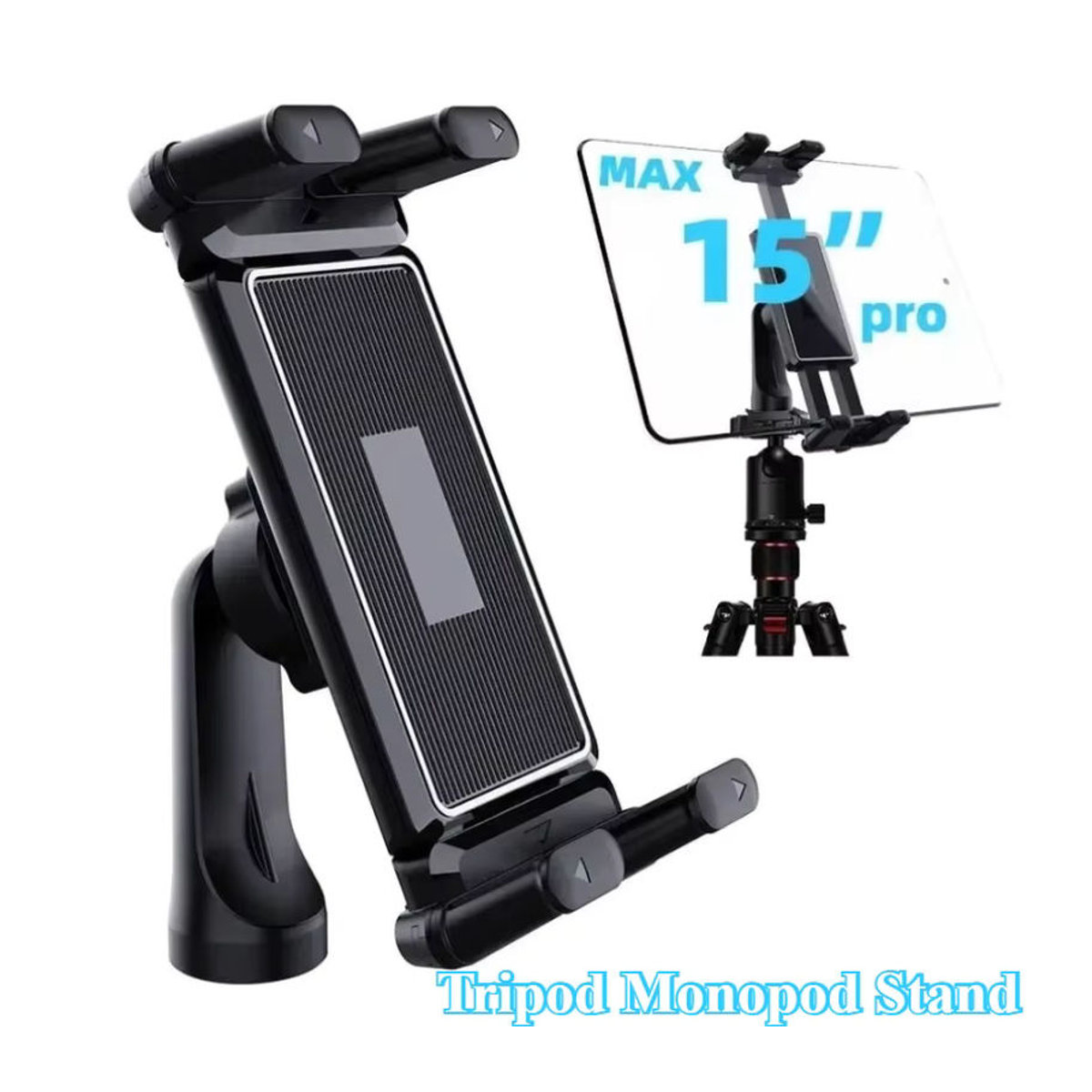 Universal Telefon und Tablet Halterung mit Stativ und Einbeinstativ, kompatibel mit 7 bis 15 Zoll Geräten, Schwarz - Bild 3
