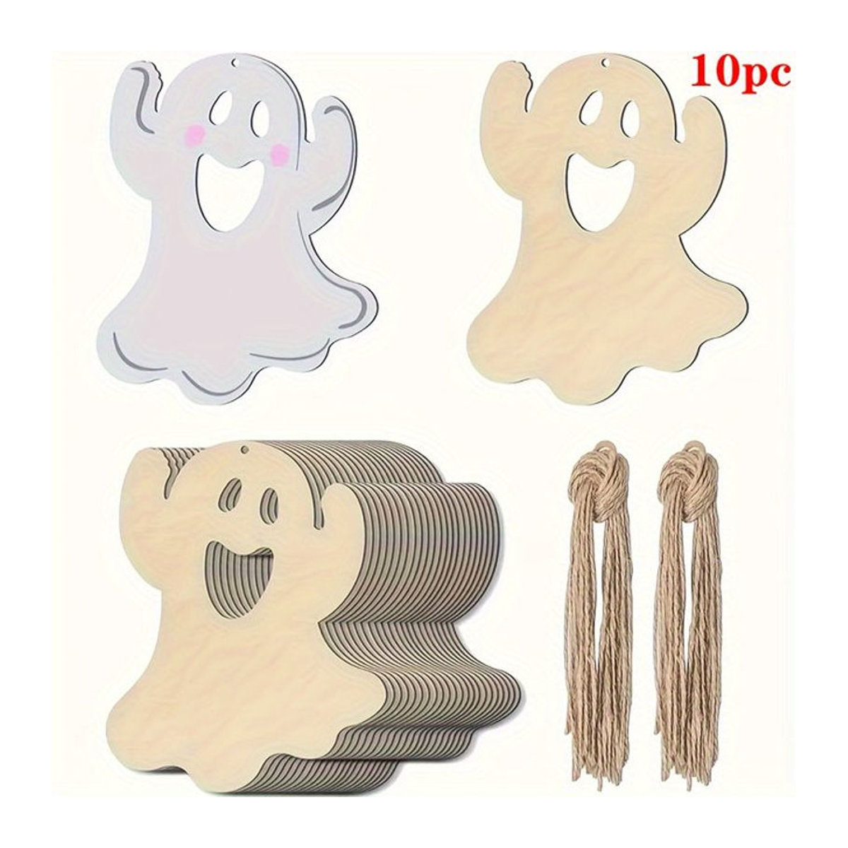 Unlackierte Holz-Geister zum Selbermachen für Halloween und Weihnachtsdekoration, beige hängende Holzausschnitte mit Schnur - Bild 1