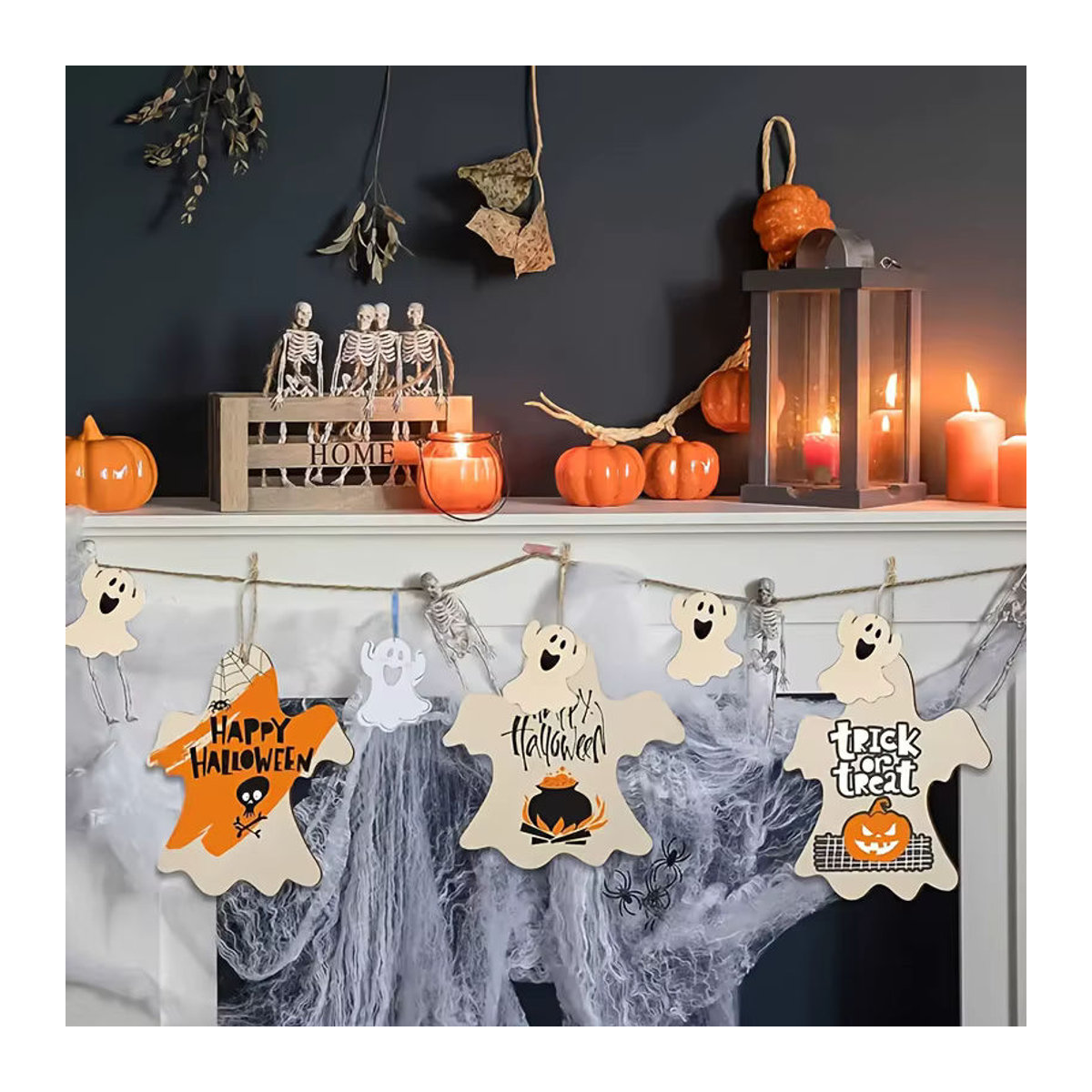 Unlackierte Holz-Geister zum Selbermachen für Halloween und Weihnachtsdekoration, beige hängende Holzausschnitte mit Schnur - Bild 3