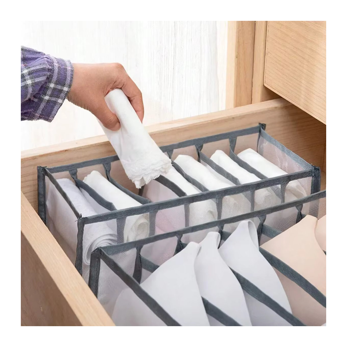 Unterwäsche Schubladen Organizer Set aus faltbaren Boxen für Socken, BHs und Unterhosen in Grau - Bild 3