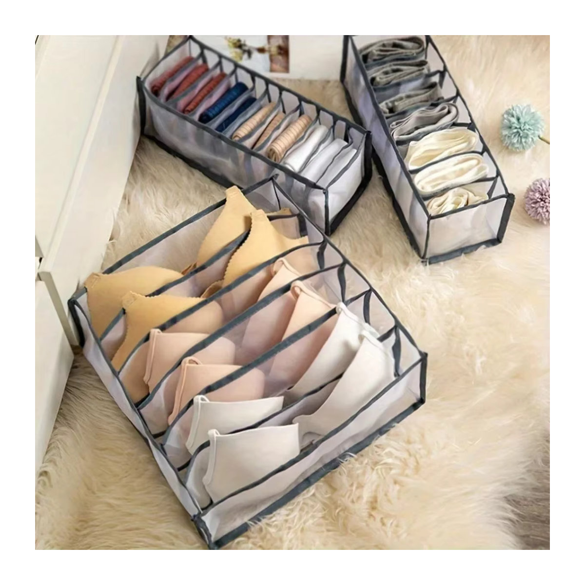 Unterwäsche Schubladen Organizer Set aus faltbaren Boxen für Socken, BHs und Unterhosen in Grau - Bild 4