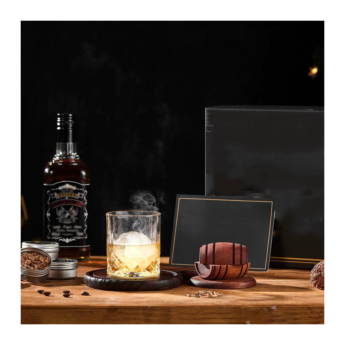 Untior Cocktail-Fass-Räucher-Set in Braun mit 4 Geschmacksrichtungen und Holzspänen für Whisky und Cocktails im klassischen Stil - Bild 2