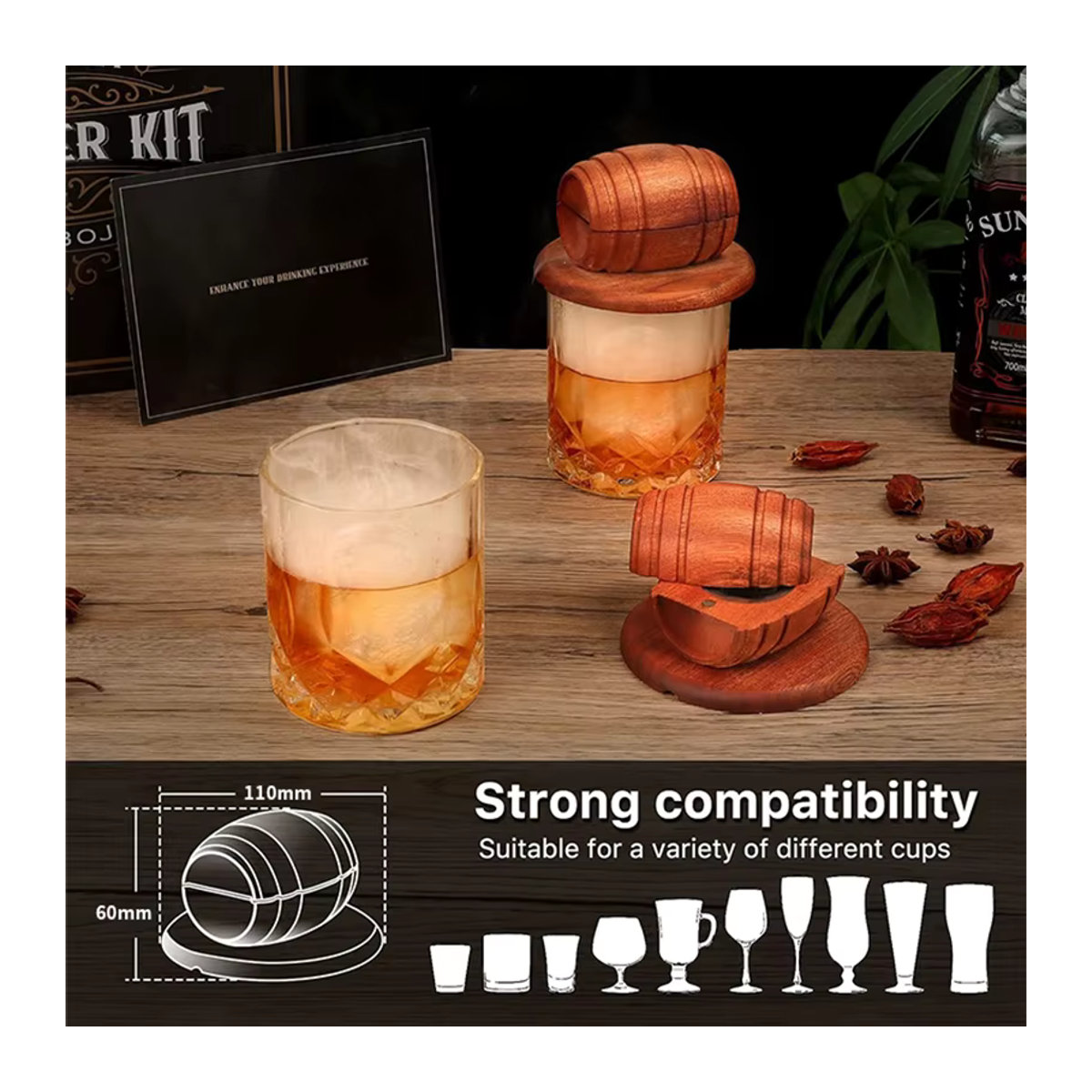 Untior Cocktail-Fass-Räucher-Set in Braun mit 4 Geschmacksrichtungen und Holzspänen für Whisky und Cocktails im klassischen Stil - Bild 3
