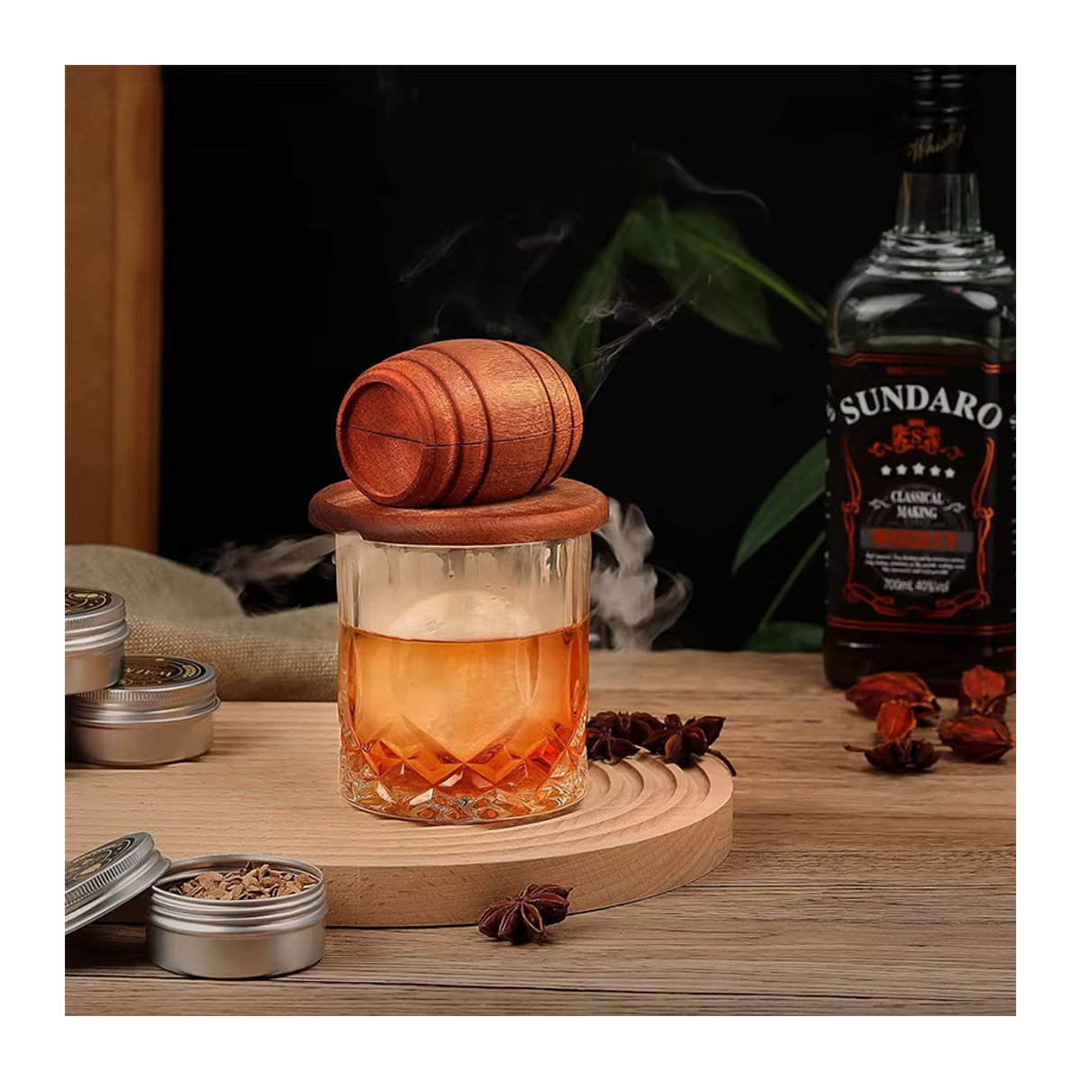 Untior Cocktail-Fass-Räucher-Set in Braun mit 4 Geschmacksrichtungen und Holzspänen für Whisky und Cocktails im klassischen Stil - Bild 4
