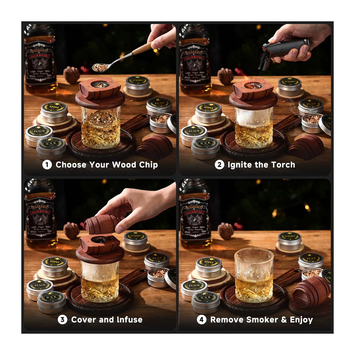 Untior Cocktail-Fass-Räucher-Set in Braun mit 4 Geschmacksrichtungen und Holzspänen für Whisky und Cocktails im klassischen Stil - Bild 5