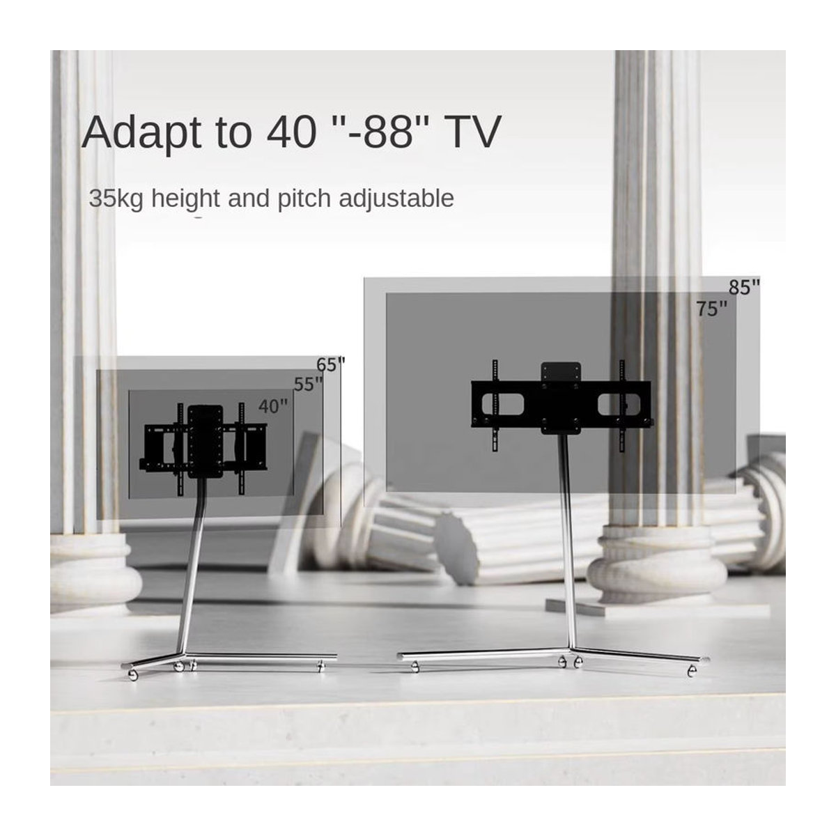 UOSU TV-Ständer MOMO bodenstehend und beweglich in Silber aus Metall mit Rollen für 55 bis 65 Zoll im minimalistischen Design - Bild 3