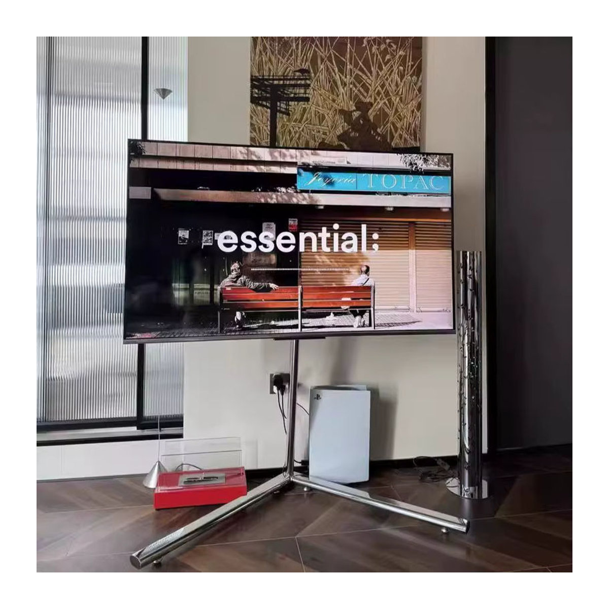 UOSU TV-Ständer MOMO bodenstehend und beweglich in Silber aus Metall mit Rollen für 55 bis 65 Zoll im minimalistischen Design - Bild 5