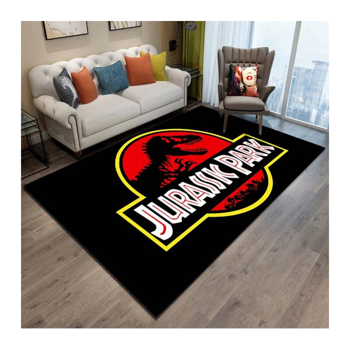 UQIDEHOME Jurassic Park Dinosaurier Bereichsteppich Schwarz, Rutschfeste Bodenmatte für Kinderzimmer, Wohnzimmer und Schlafzimmer, B/T: 90 x 60 cm - Bild 1