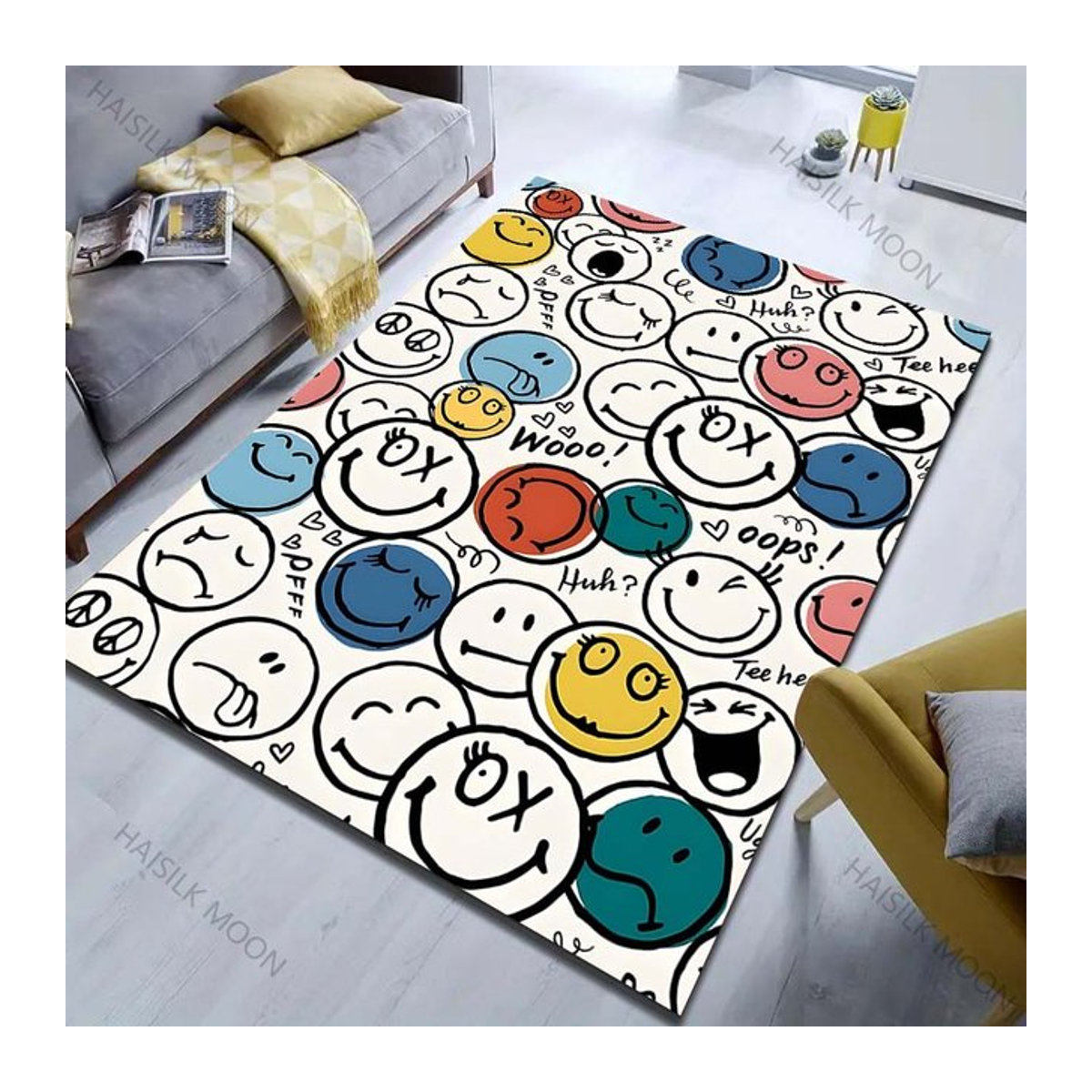 UQIDEHOME Kreativer Teppich mit Smiley-Gesichtsmuster in Weiß, Rutschfeste Bodenmatte für Wohnzimmer und Schlafzimmer, B: 150 cm, T: 100 cm - Bild 1