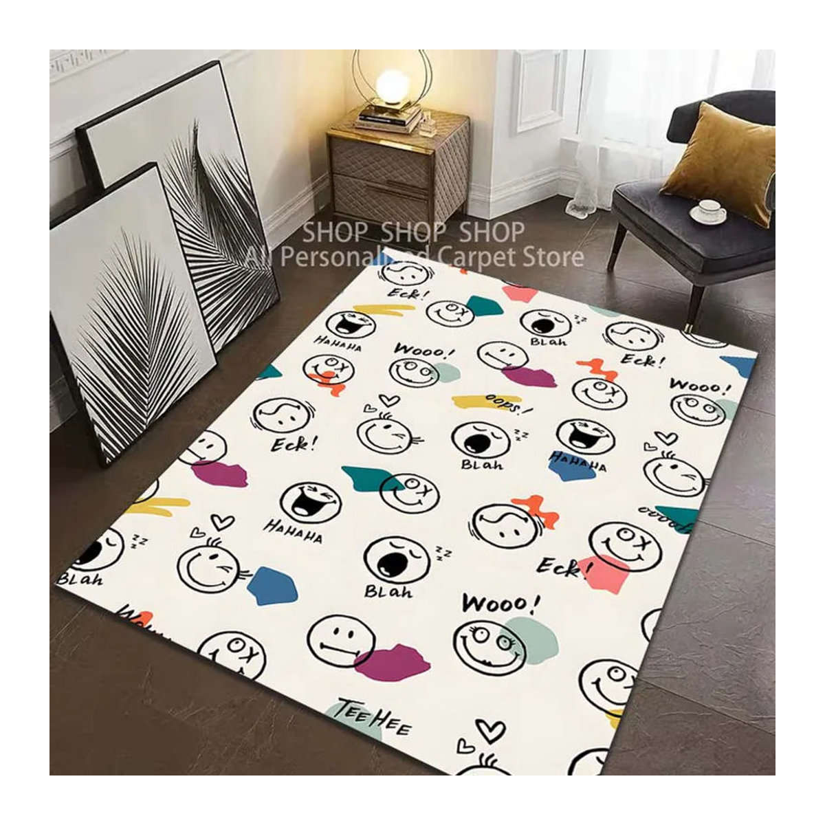 UQIDEHOME Kreativer Teppich mit Smiley-Gesichtsmuster in Weiß, Rutschfeste Bodenmatte für Wohnzimmer und Schlafzimmer, B: 150 cm, T: 100 cm - Bild 2