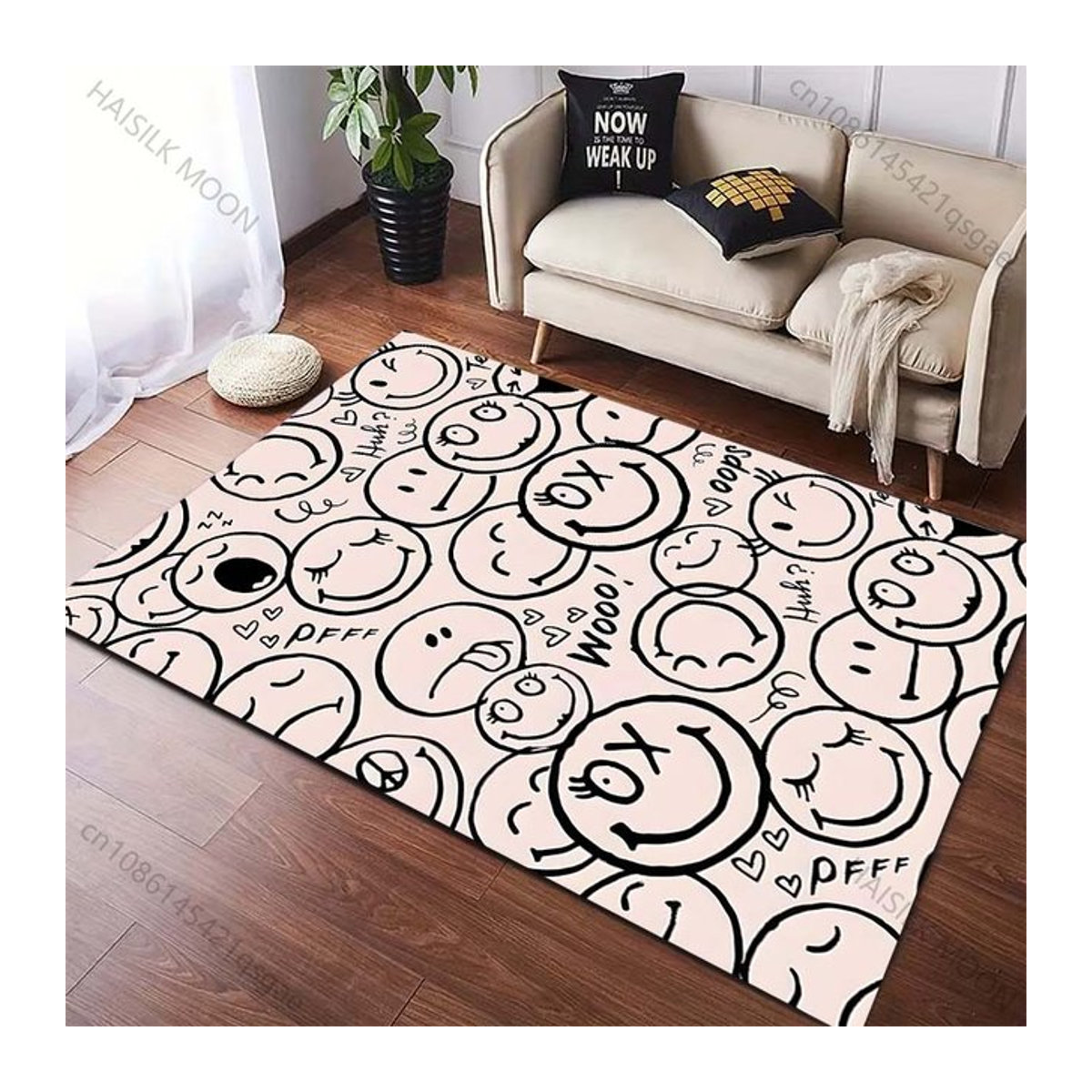 UQIDEHOME Kreativer Teppich mit Smiley-Gesichtsmuster in Weiß, Rutschfeste Bodenmatte für Wohnzimmer und Schlafzimmer, B/T: 120 x 80 cm - Bild 1