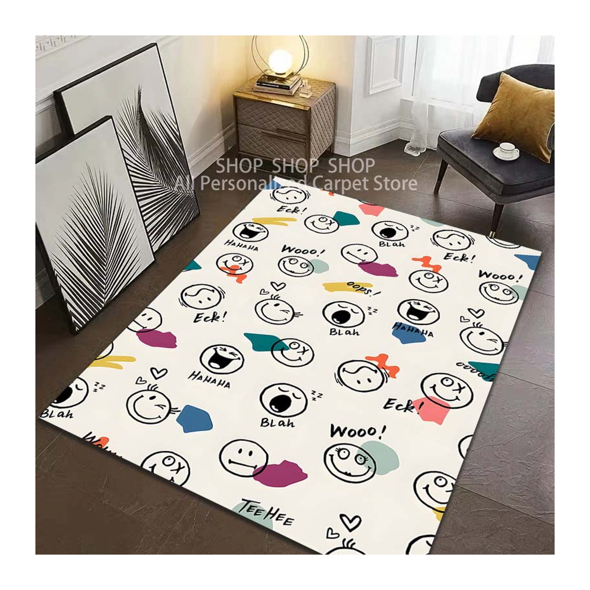 UQIDEHOME Kreativer Teppich mit Smiley-Gesichtsmuster in Weiß, Rutschfeste Bodenmatte für Wohnzimmer und Schlafzimmer, B/T: 90 x 60 cm - Bild 2