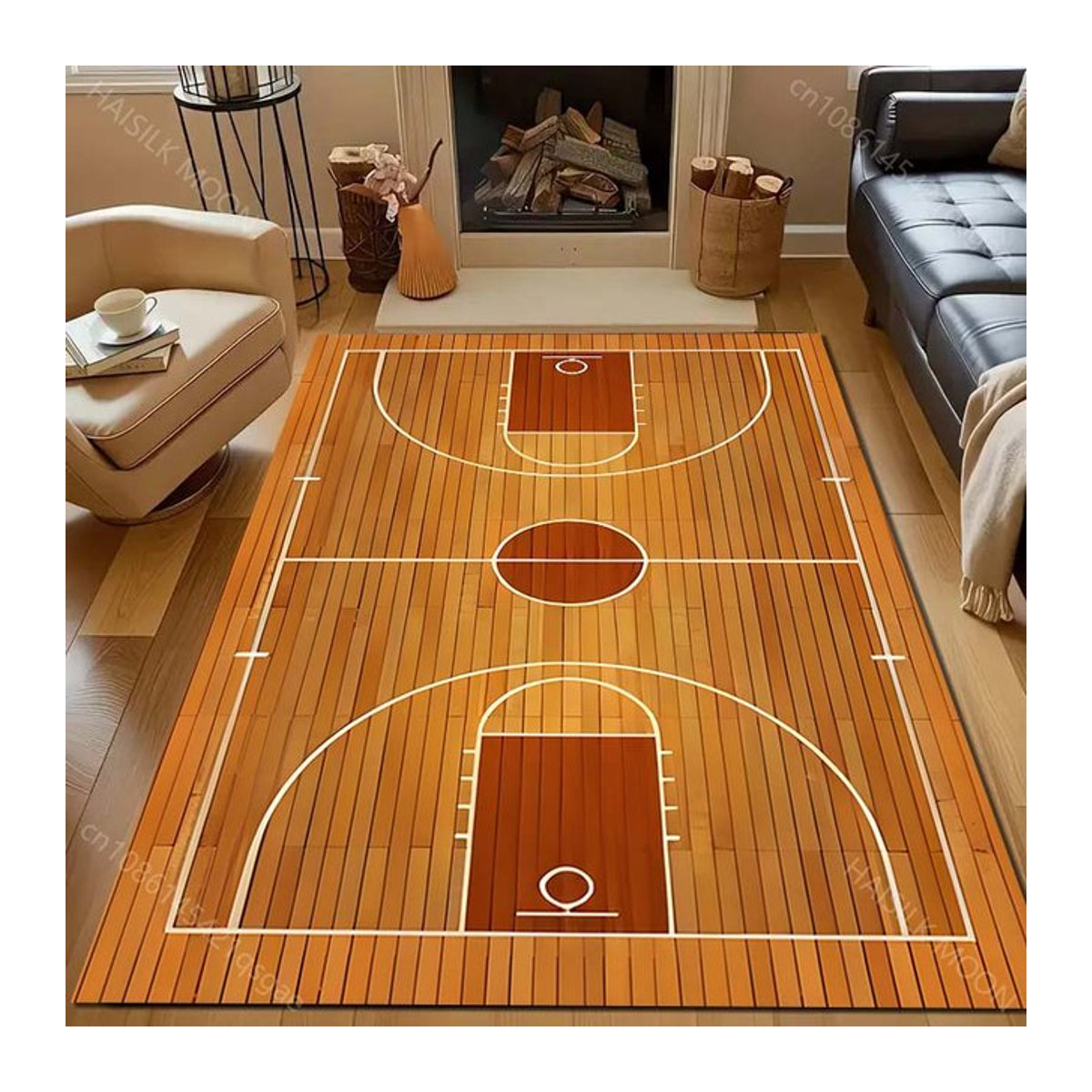 UQIDEHOME Teppich mit Holzbasketballfeld-Druck in Braun, maschinenwaschbar, B/T: 120 x 160 cm - Bild 1