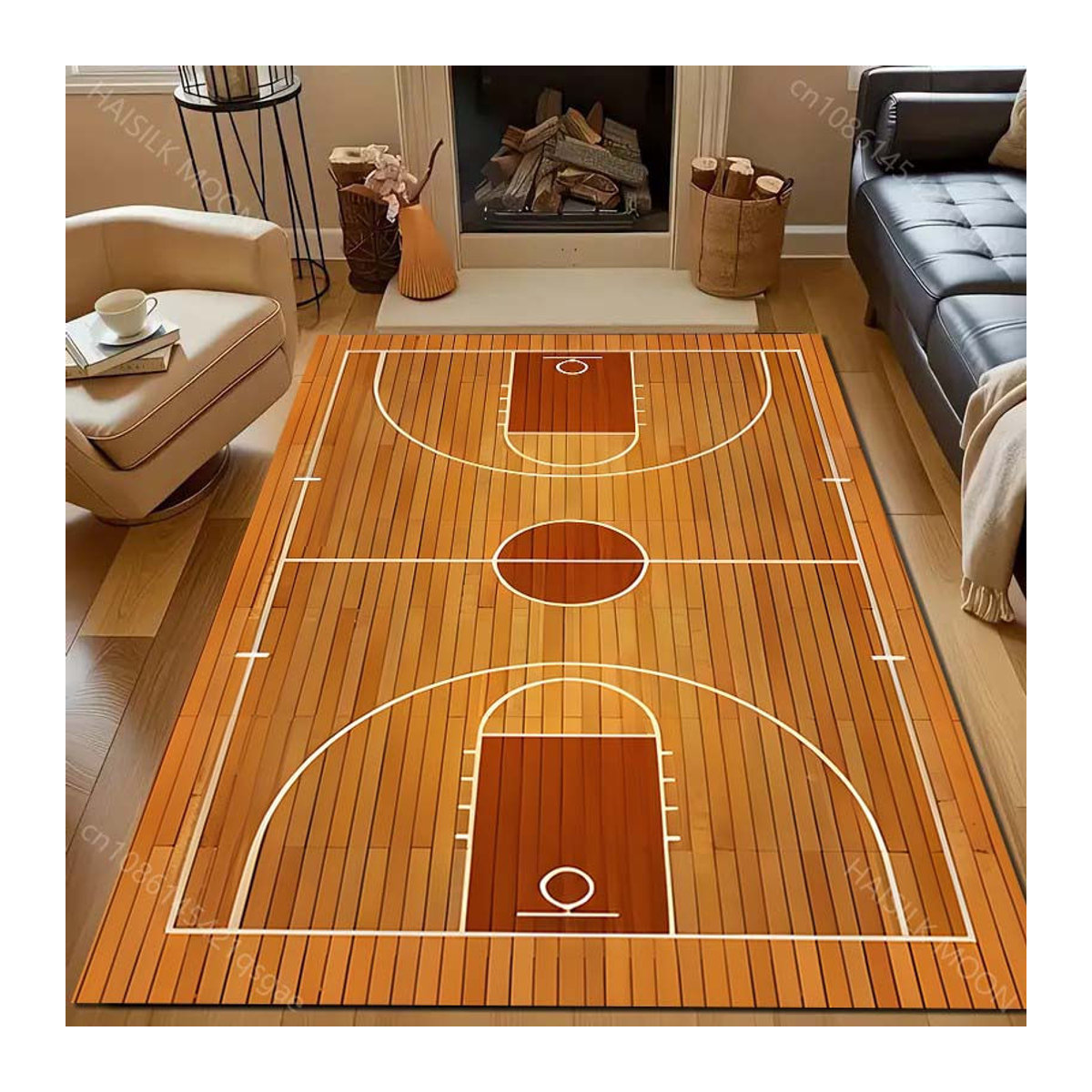 UQIDEHOME Teppich mit Holzbasketballfeld-Druck in Braun, maschinenwaschbar, B/T: 120 x 160 cm - Bild 3