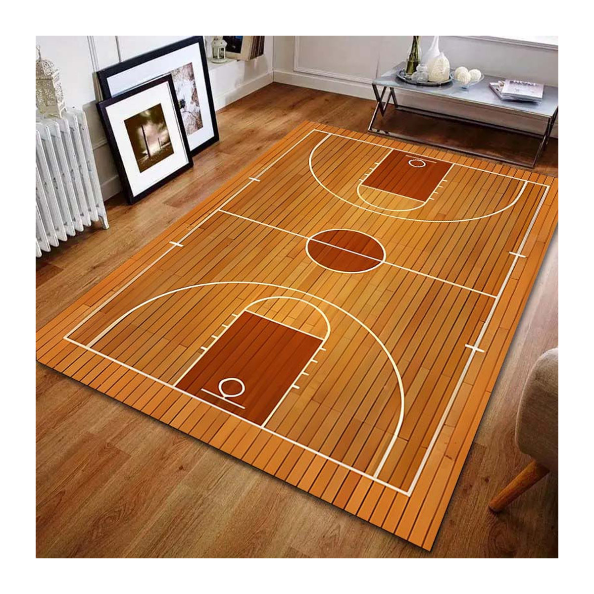UQIDEHOME Teppich mit Holzbasketballfeld-Druck in Braun, maschinenwaschbar, B/T: 130 x 90 cm - Bild 3