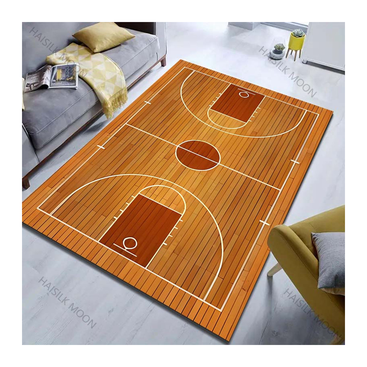 UQIDEHOME Teppich mit Holzbasketballfeld-Druck in Braun, maschinenwaschbar, B/T: 130 x 90 cm - Bild 4