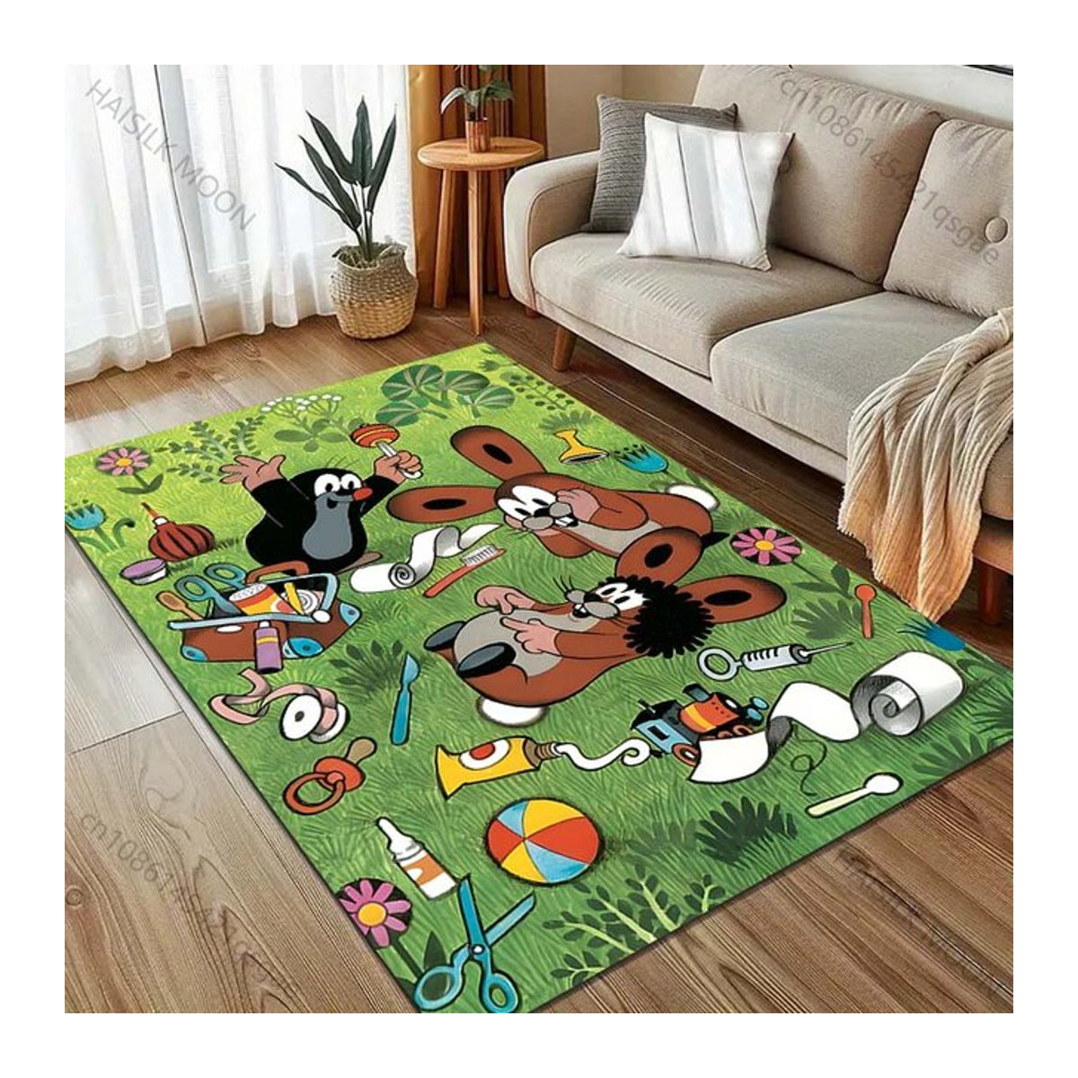 UQIDEHOME Teppich mit Kleiner Maulwurf Druck in Grün, Rutschfeste Bodenmatte für Wohnzimmer und Schlafzimmer, B/T: 130 x 90 cm - Bild 1