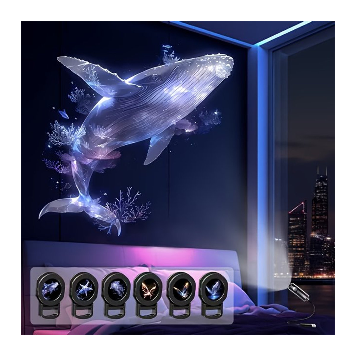 USB-betriebene LED-Projektionsnachtlampe in Schwarz mit Ozean- und Schmetterlingsmustern für Schlafzimmer und Wohnzimmer - Bild 1