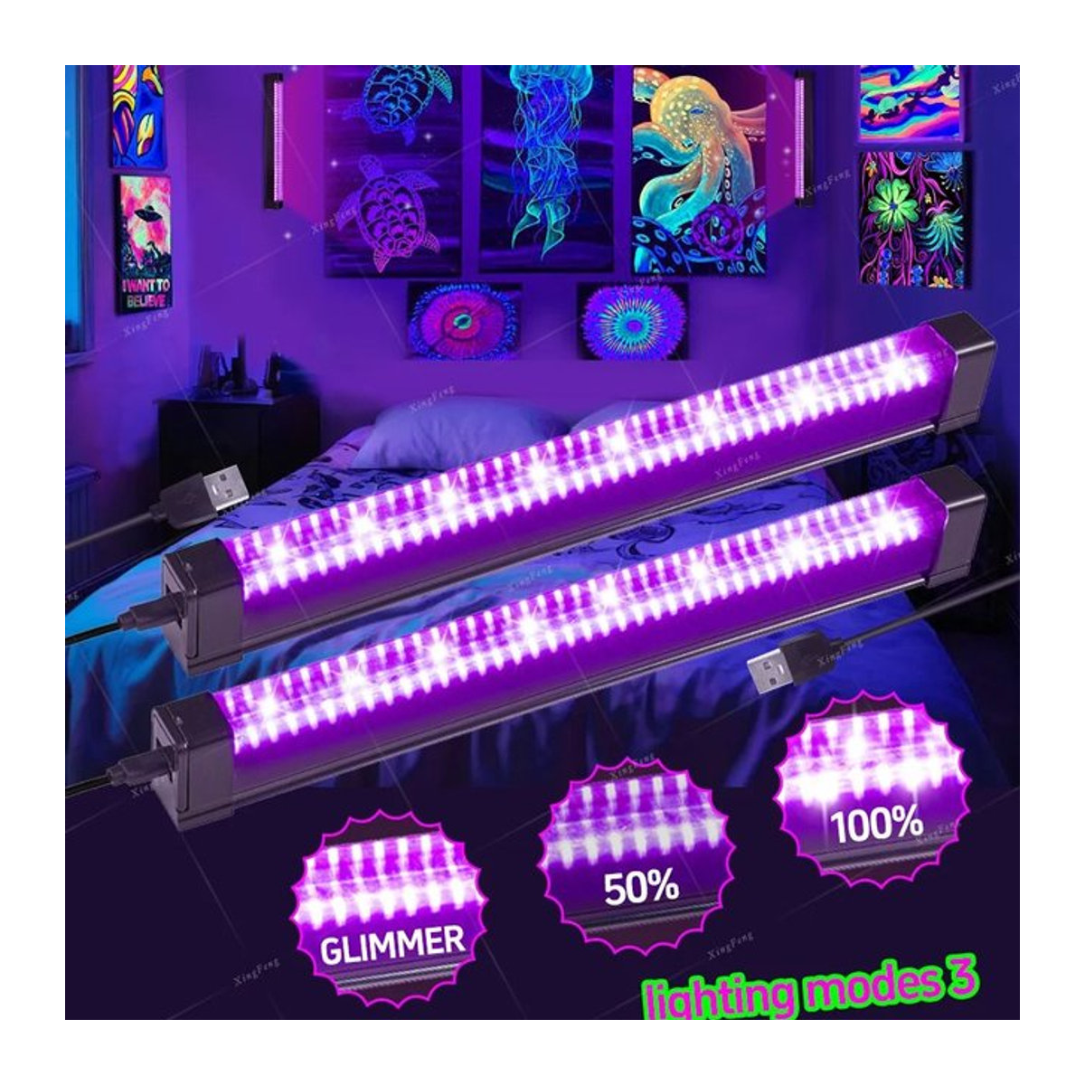 USB-LED-Schwarzlichtröhre mit 3 Beleuchtungsmodi und Magnetfunktion, Schwarz - Bild 1