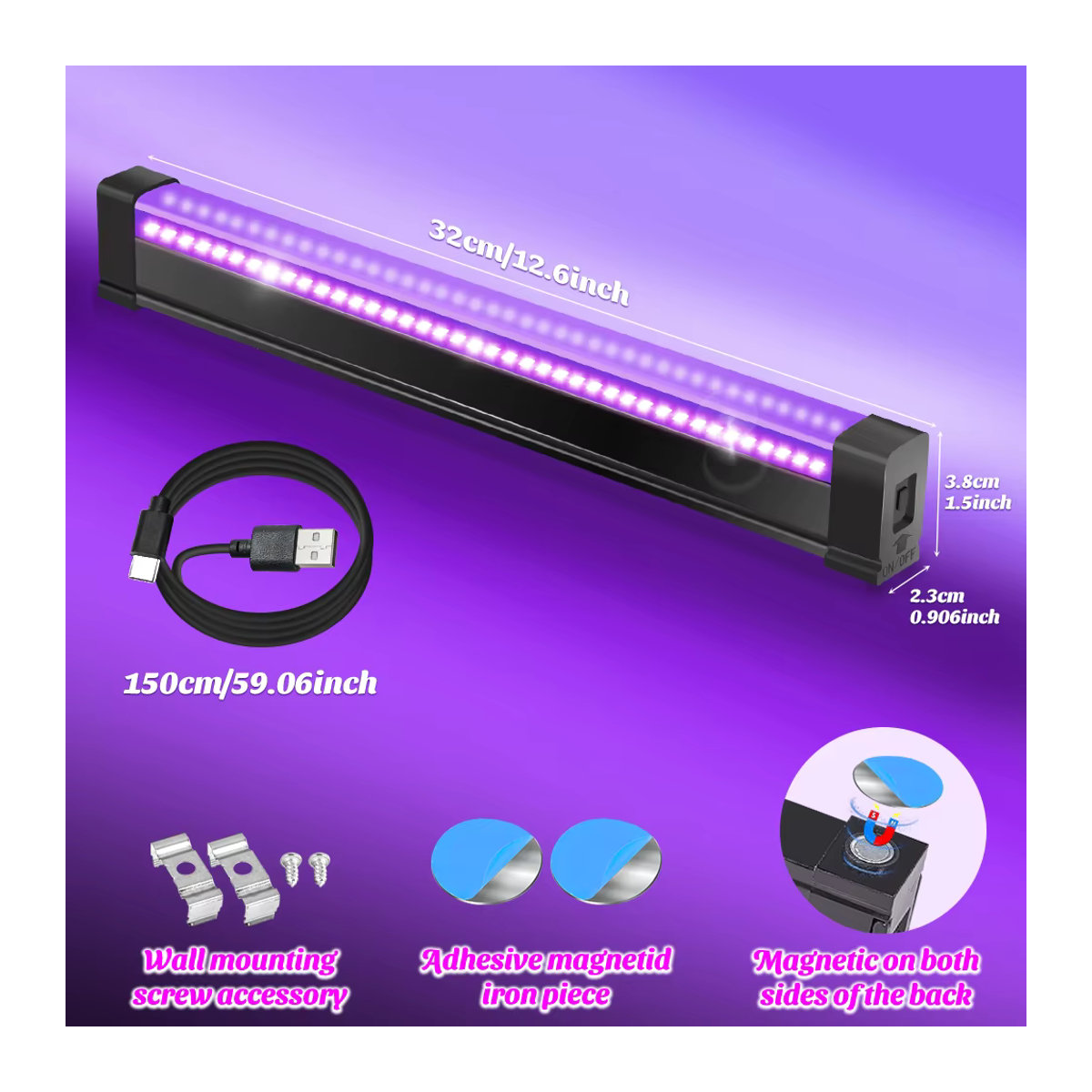 USB-LED-Schwarzlichtröhre mit 3 Beleuchtungsmodi und Magnetfunktion, Schwarz - Bild 3