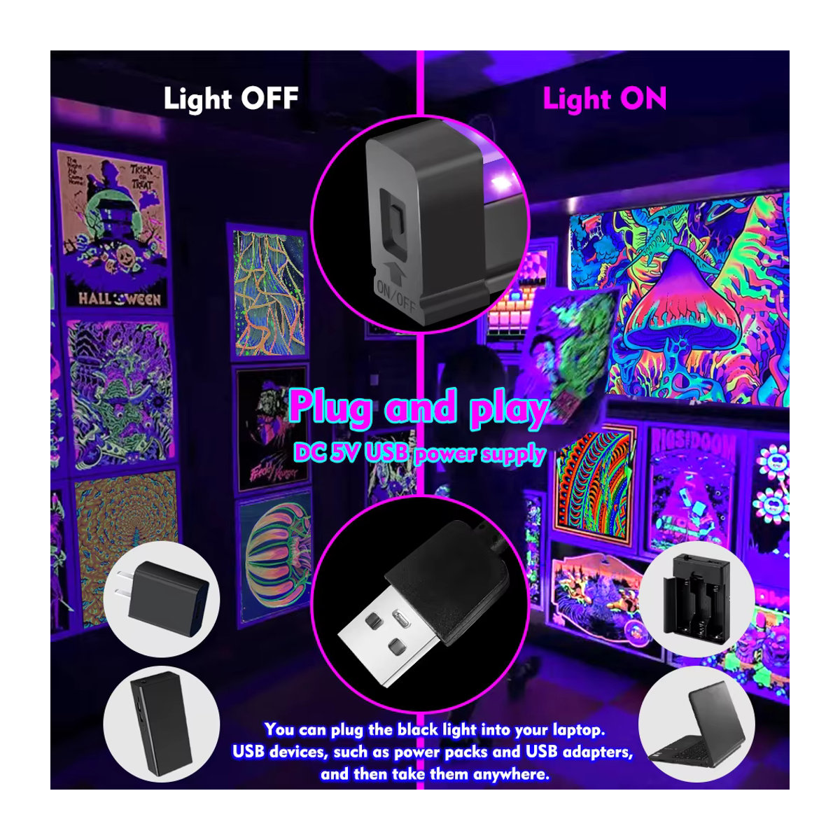 USB-LED-Schwarzlichtröhre mit 3 Beleuchtungsmodi und Magnetfunktion, Schwarz - Bild 4