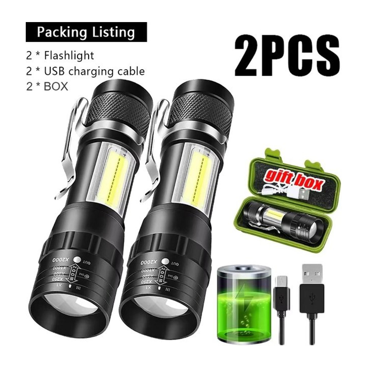 USB wiederaufladbare Mini-Taschenlampe mit 3 Modi, COB und XPE LED, zoombar und tragbar für Camping und Notfälle - Bild 1