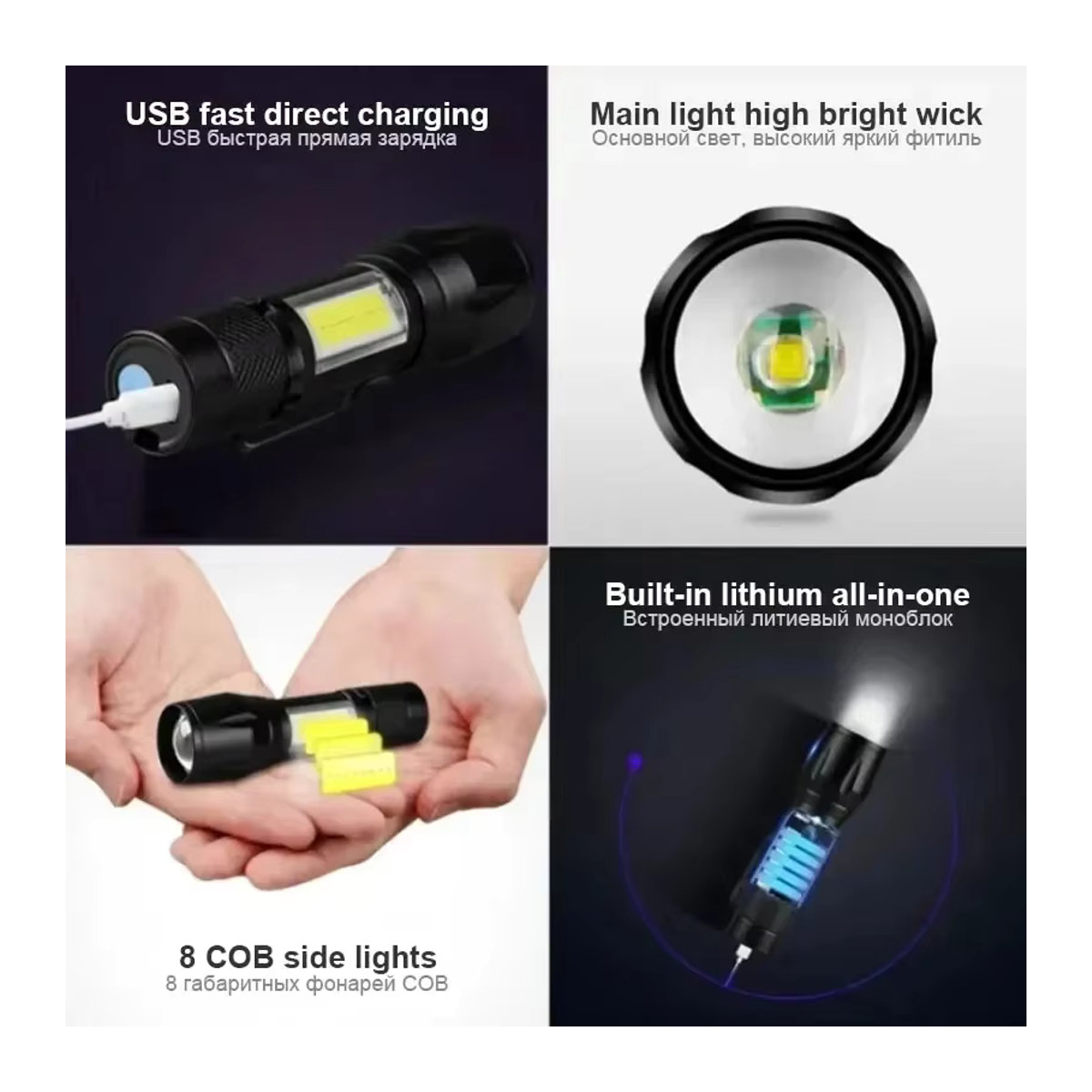 USB wiederaufladbare Mini-Taschenlampe mit 3 Modi, COB und XPE LED, zoombar und tragbar für Camping und Notfälle - Bild 4