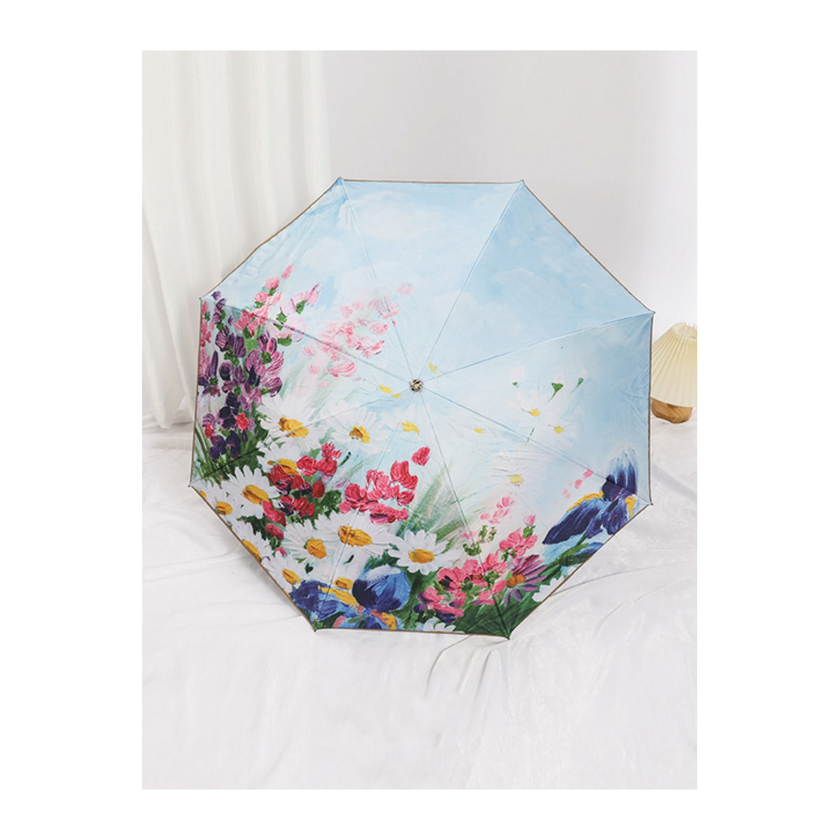 UV-beständiger Damen-Sonnenschirm mit Gänseblümchen-Print, doppellagig für Sonne und Regen, Schwarz - Bild 1