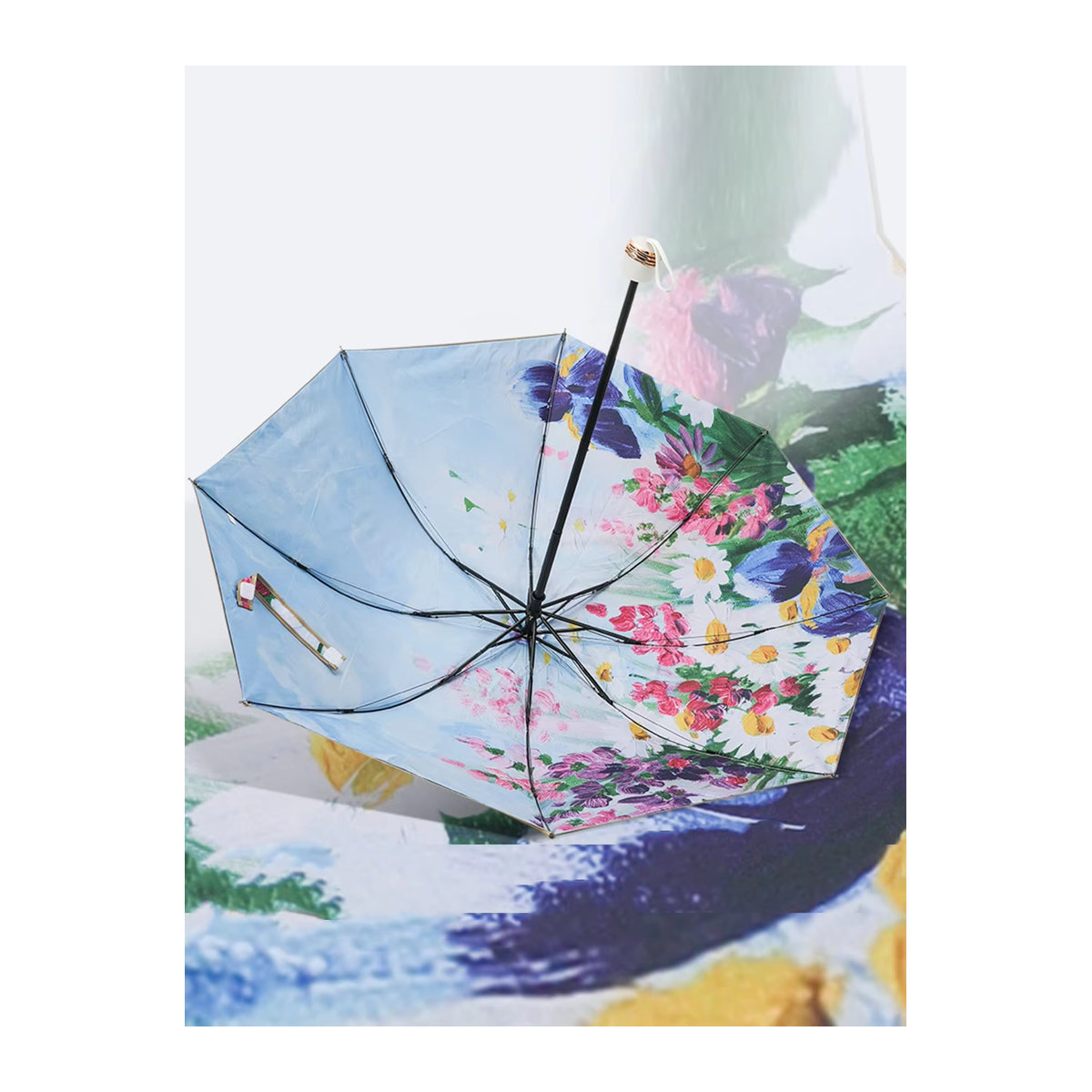 UV-beständiger Damen-Sonnenschirm mit Gänseblümchen-Print, doppellagig für Sonne und Regen, Schwarz - Bild 2